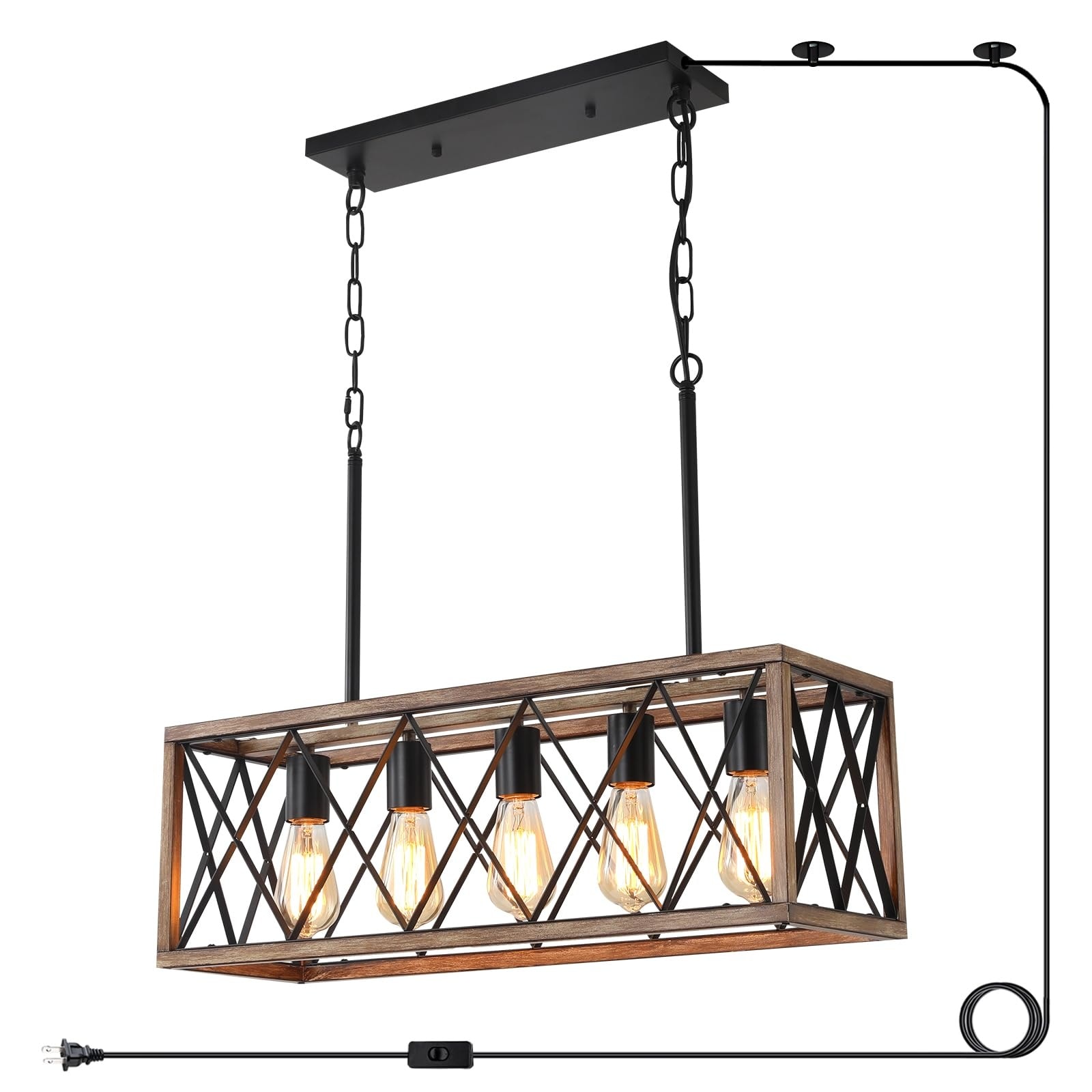 Vrbgify  5 Light Farmhouse Chandelier with Plug In Cord Woodgrain Metal Frame Adjustable Height for Dining Room Kitchen Island Bedroom 1 Piece