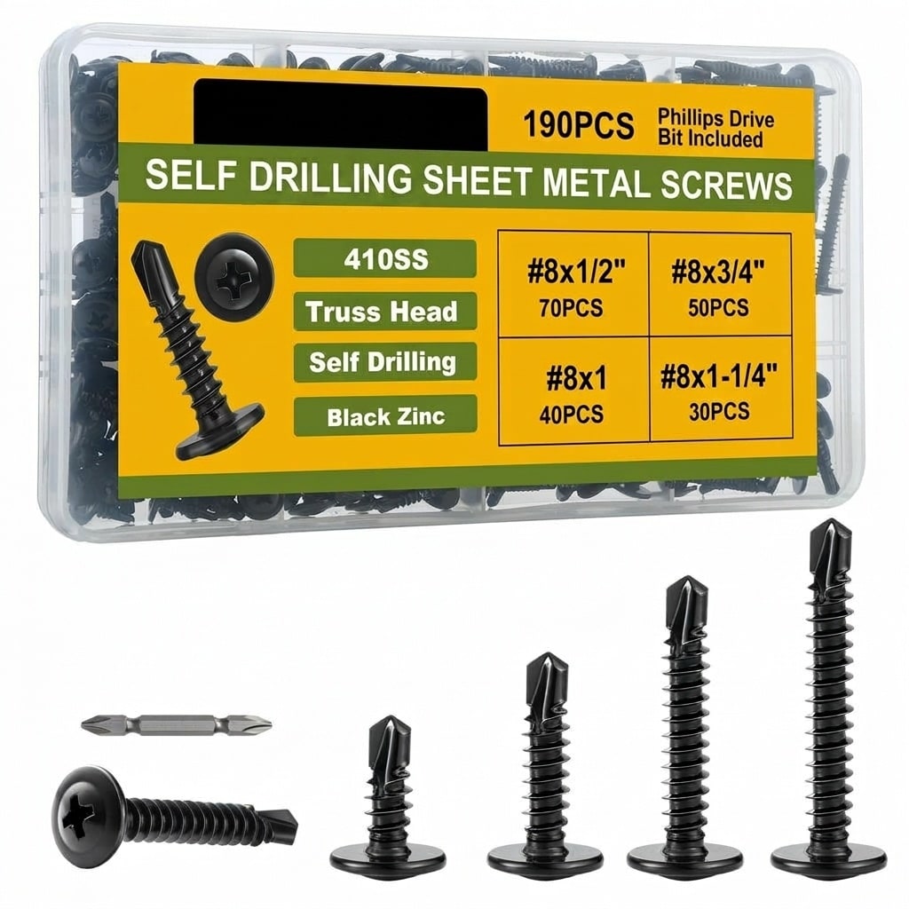 Etokfoks  190 Piece Pack 8 Black Self Drilling Screws Modified Truss Head Stainless Steel 410 Phillips Sheet Metal