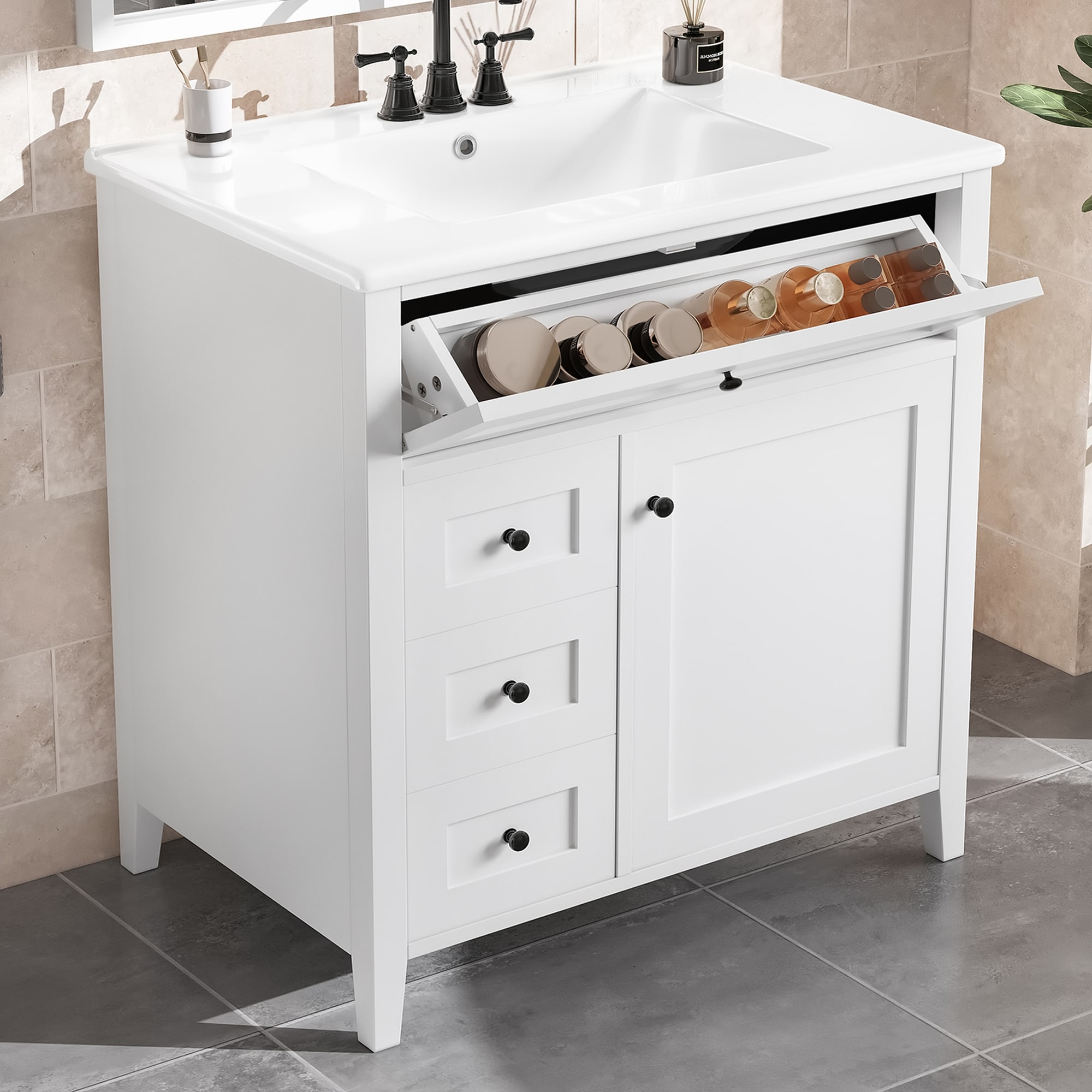 MooxvMoo 30-in Bathroom Vanity with Sink 3 Drawers Adjustable Shelf Rubberwood MDF Freestanding for Bathroom Storage Organization Home (White)