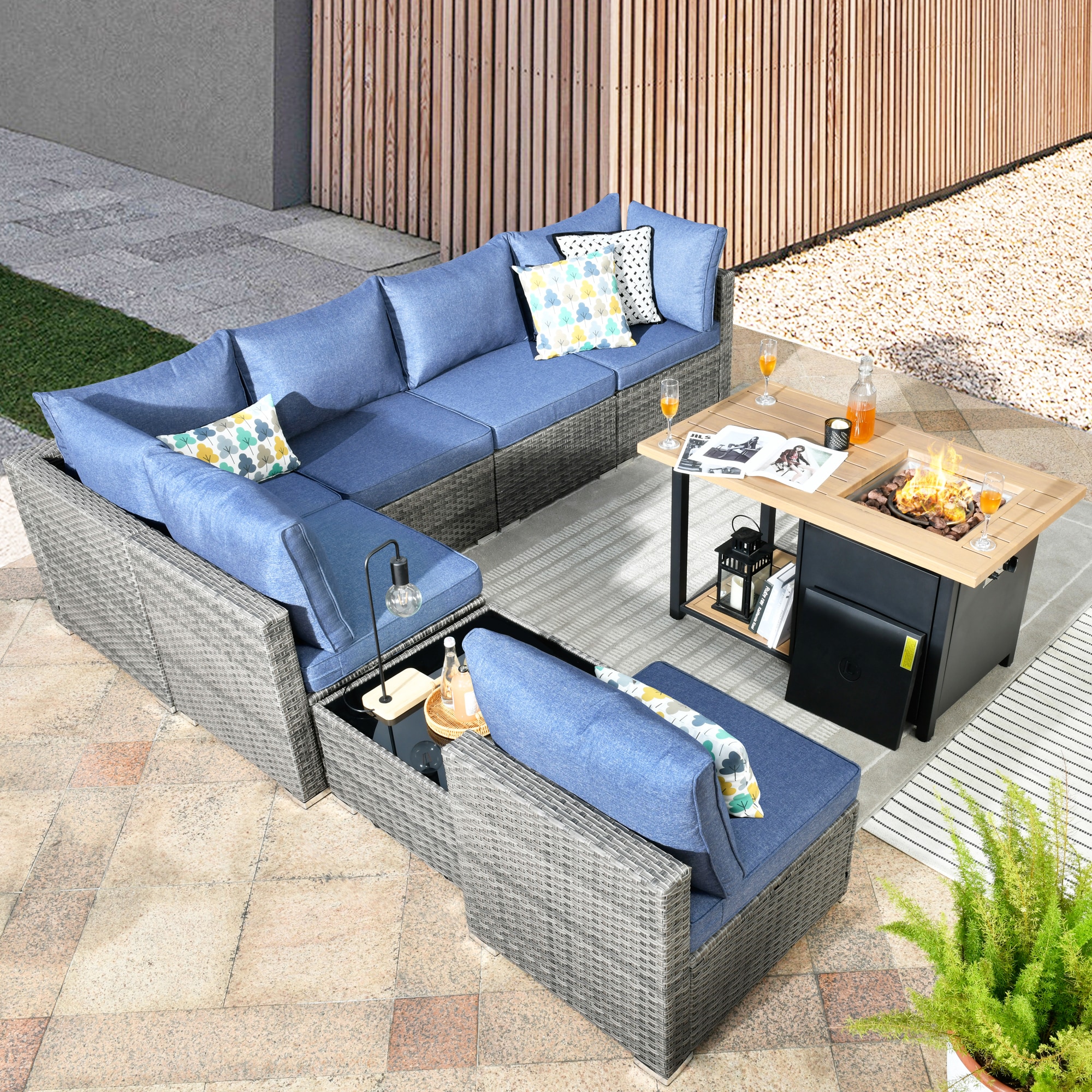 XIZZI XIHOPS304-DFP Sunrise Rattan Outdoor Sectional with Blue Cushions and Steel Frame