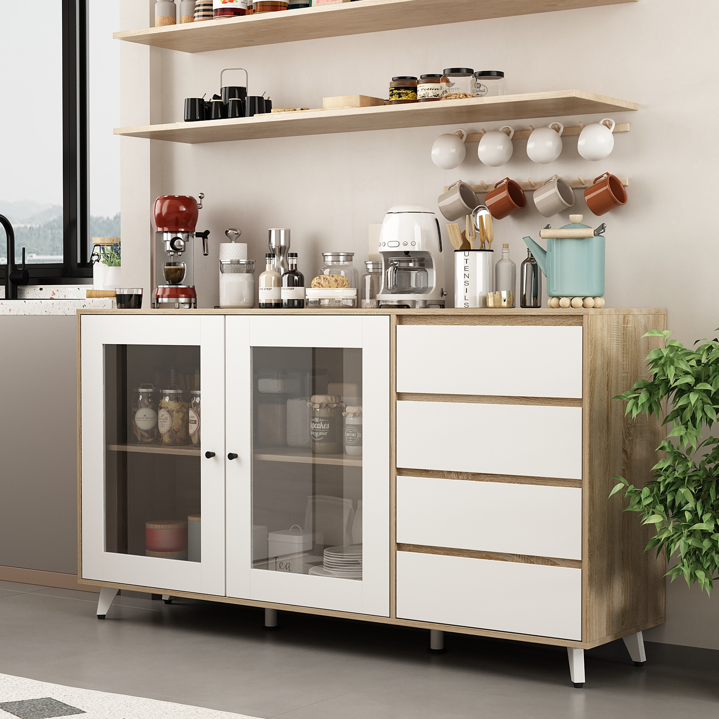 FUFU&GAGA White Sideboard Buffet Cabinet with Glass Doors, 4 Drawers ...