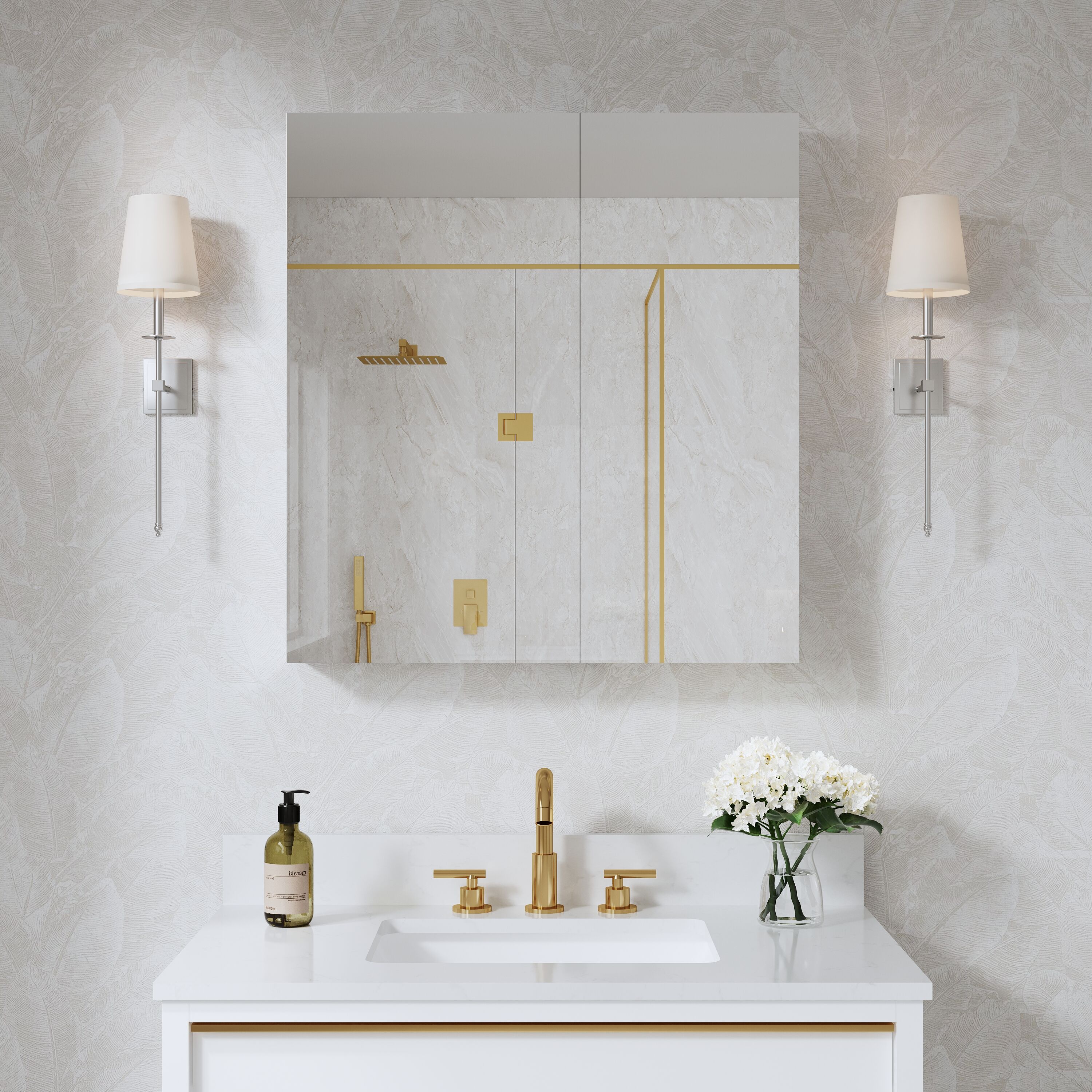 WELLFOR EX-3-6028BL Ravo Modular 28-in x 30-in Surface/Recessed Mount Silver Mirrored Rectangle Soft Close Medicine Cabinet