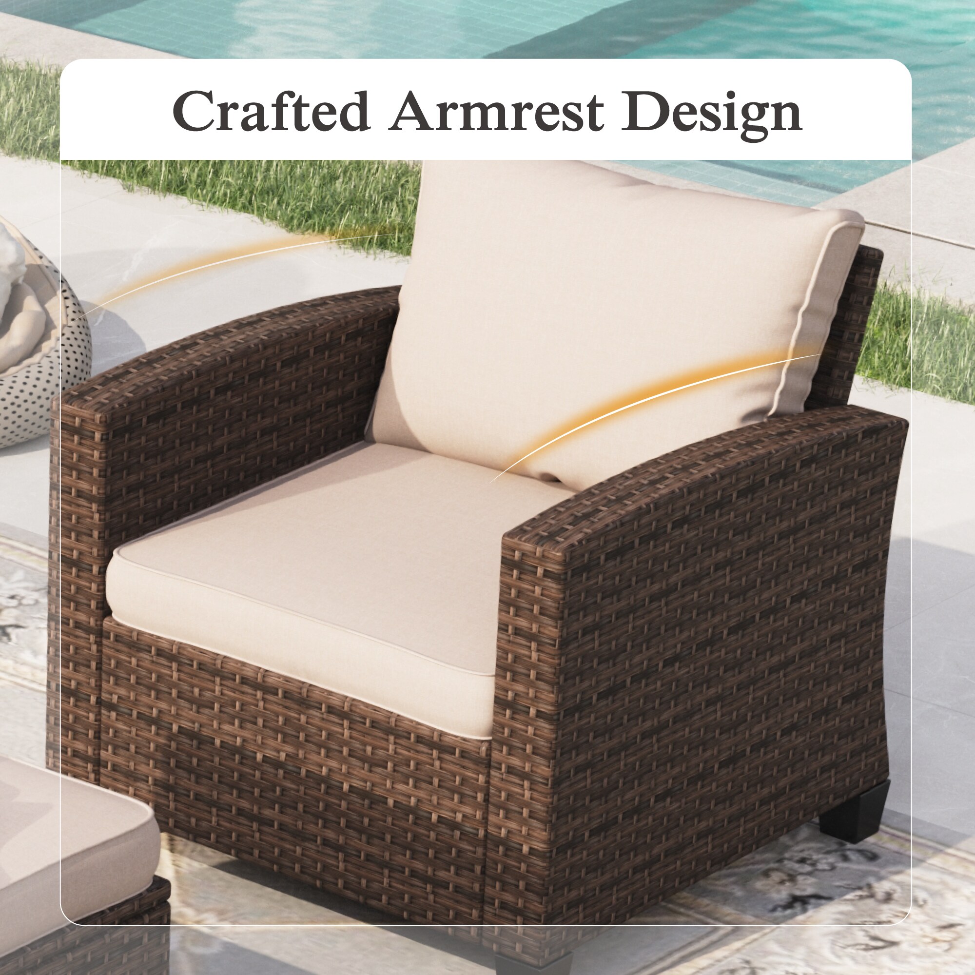 Sunshine Valley Patio Furniture Set with Fire Pit 7 -Piece Wicker Patio Sofa Conversation Set with Tan CUSHION PRO Cushions