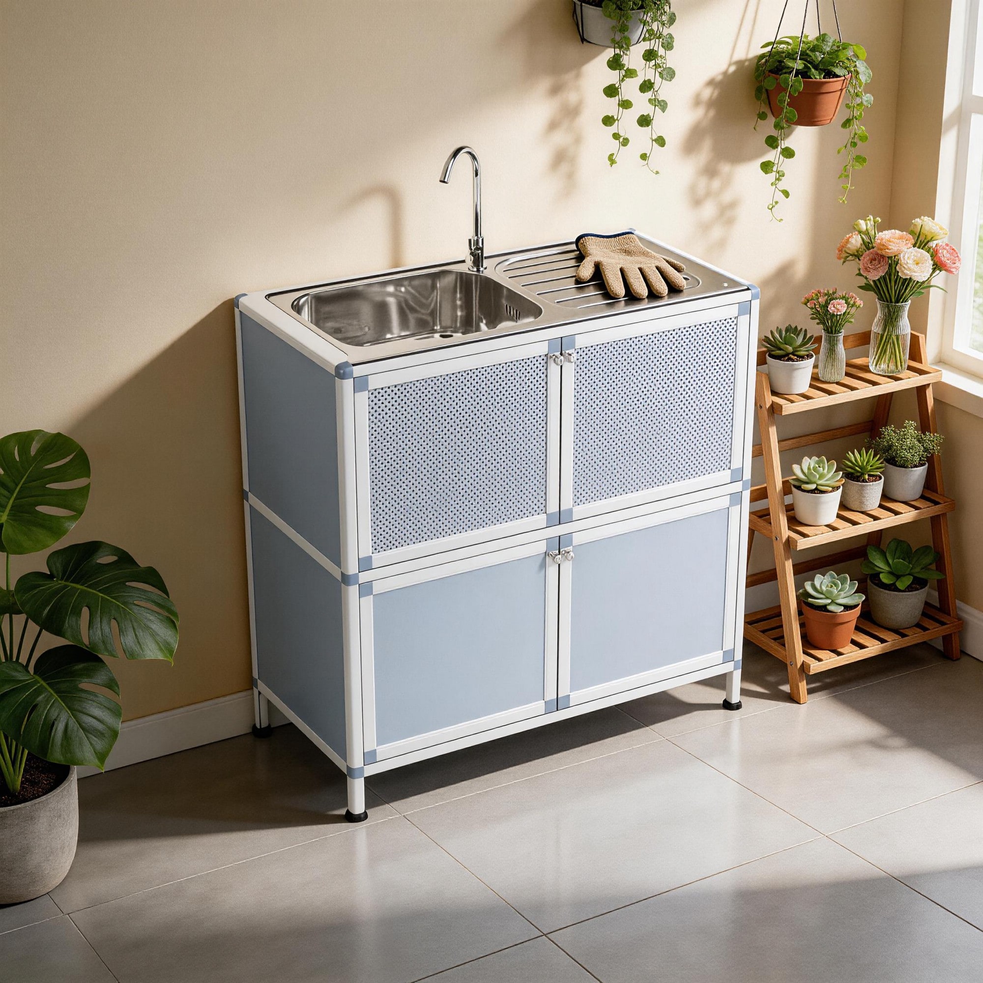 JUSHUA Utility sink with cabinet freestanding laundry room outdoor sink station stainless steel utility sink