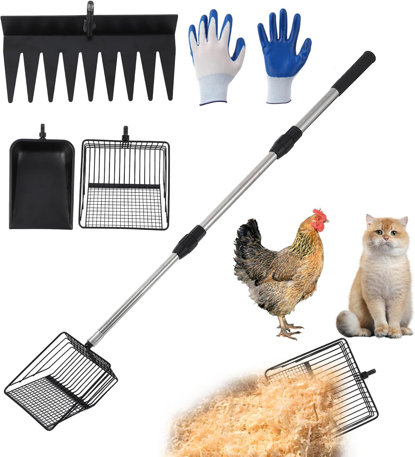 GAOMON 3-in-1 Chicken Coop Cleaning Tool Poop Scooper with Rake and Shovel Adjustable Stainless Steel Handle Poultry Litter and Sand Cleaning Kit