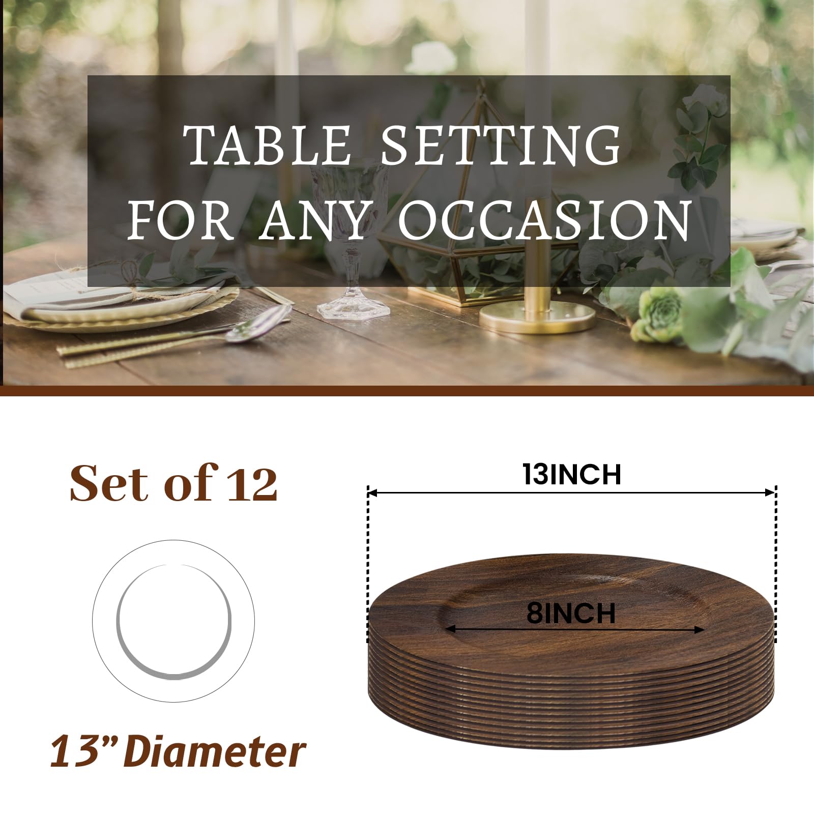 Phewnyzo Round Charger Plates Set of 12 13 Inch Brown Faux Wood Plastic ...