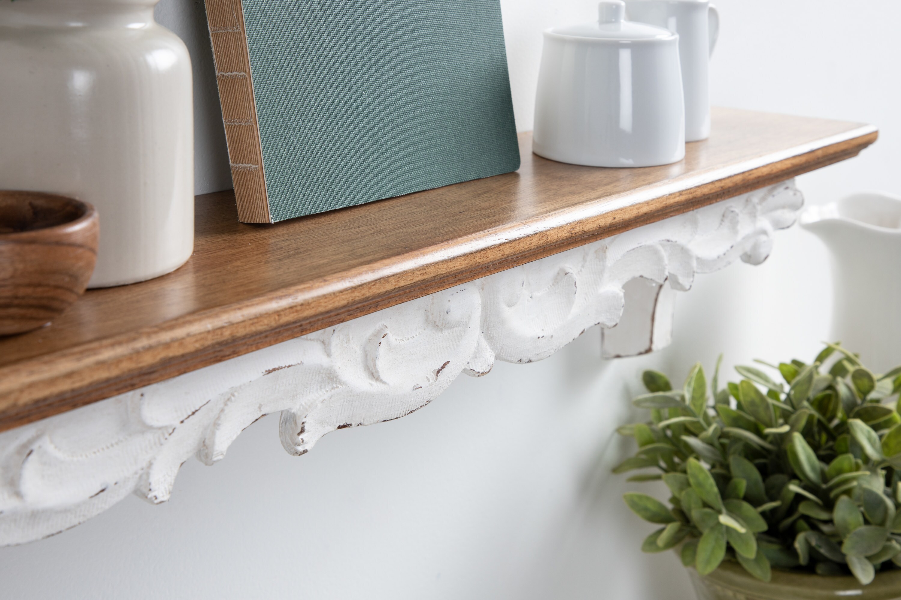 Rustic Brown and White Fir Wood Floating Wall Shelf