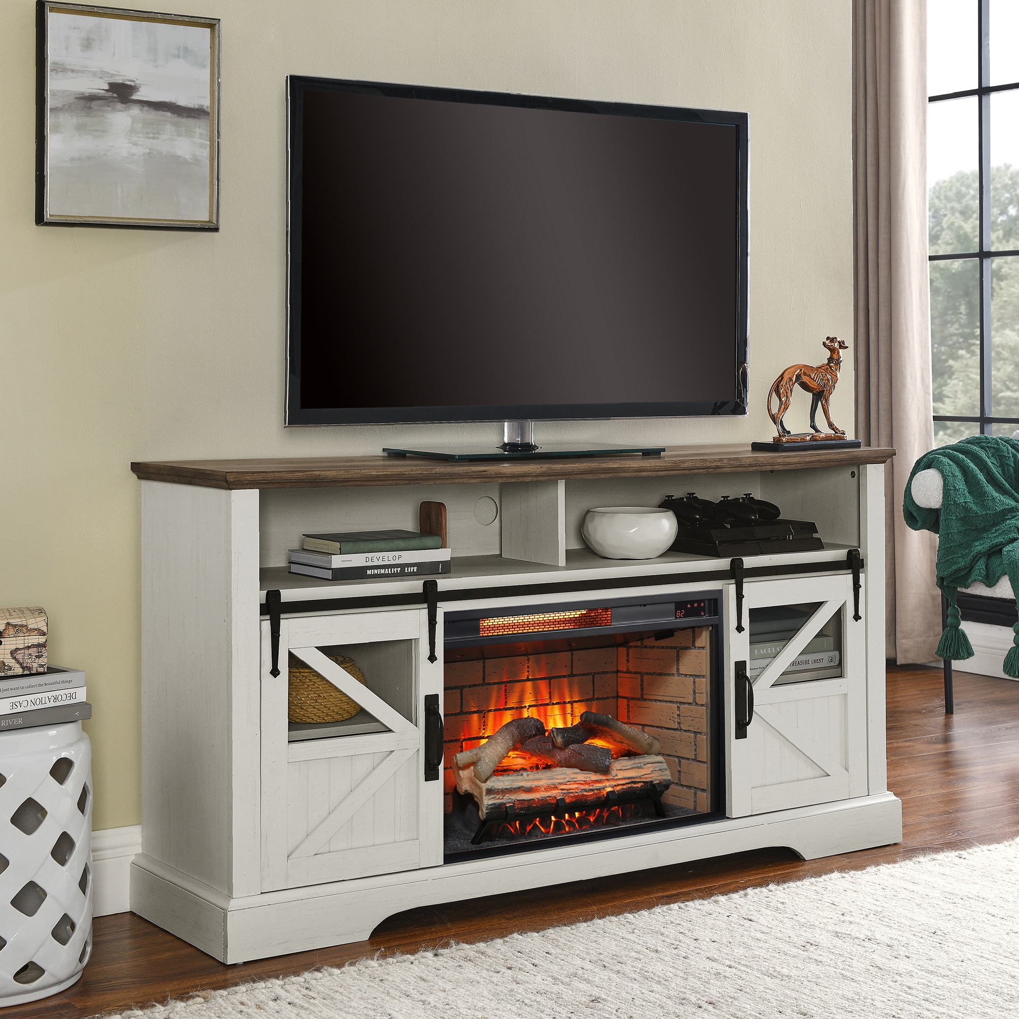 Fun Orange TV Stand with Fireplace Farmhouse/Rustic Jasmine White 60-in W TV cabinet ( Accommodates TVs up to 70-in )