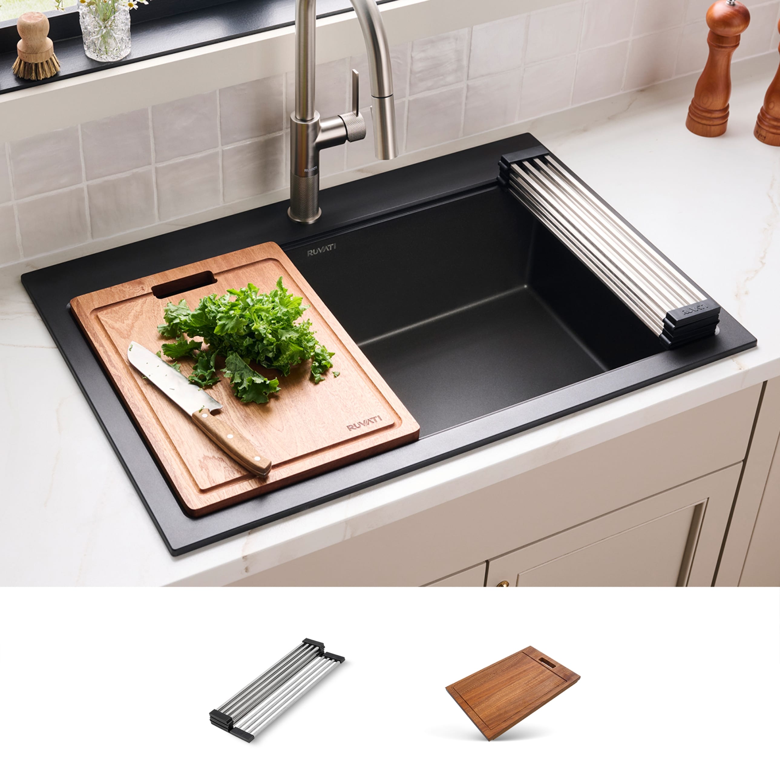 Ruvati RVG1303BK epiGranite Drop-in 33-in x 22-in Granite Single bowl Workstation Kitchen Sink