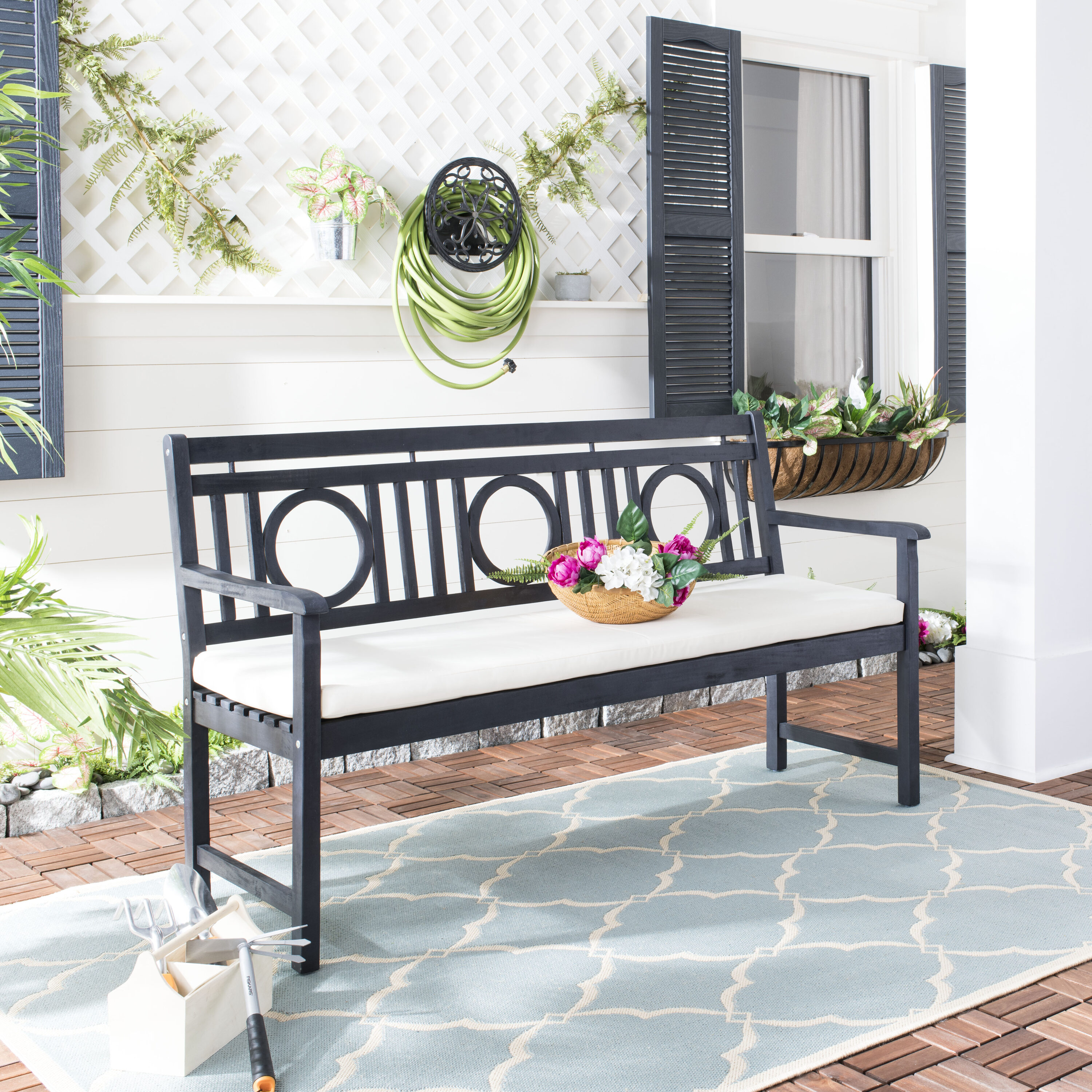 Montclair Transitional Acacia Wood 3-Seat Outdoor Bench in Beige/Black
