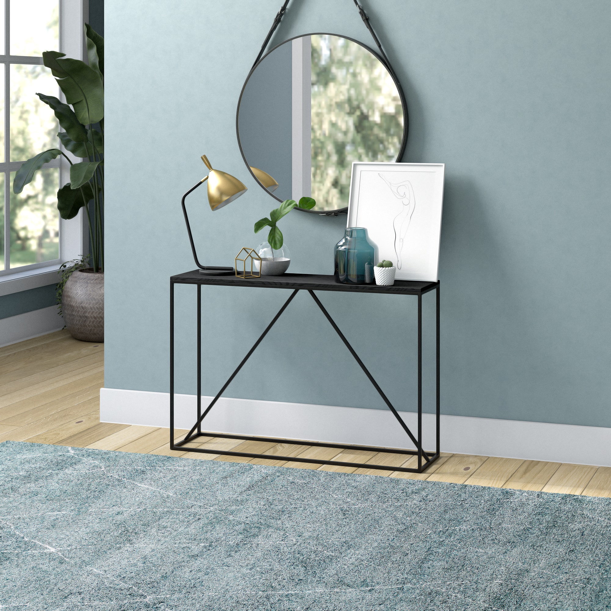 Nia Blackened Bronze & Black Grain 45" Console Table with Metal Frame