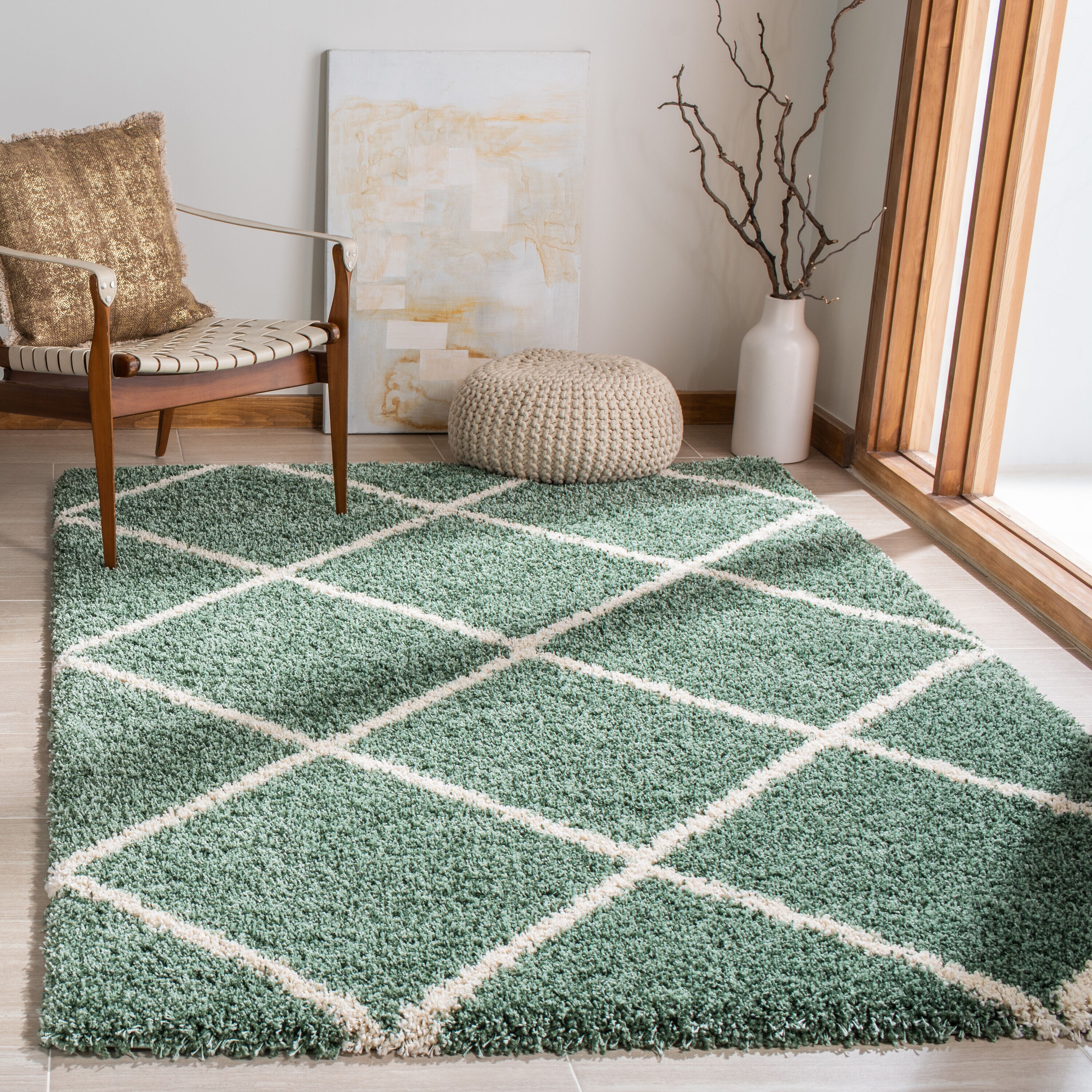 Hudson Shag 5 x 8 (ft) Loomed Polypropylene Green/Ivory Rectangular Indoor Geometric Professionally Clean Only Area rug