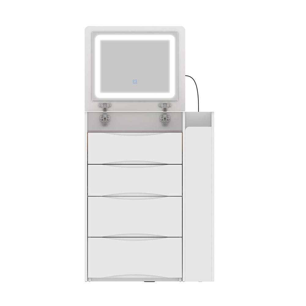 Homsee V-KF210302-01 18.7 Inch White Vanity Table with RGB LED Mirror Flip Top Glass Surface Storage Stool and Sliding Cabinet