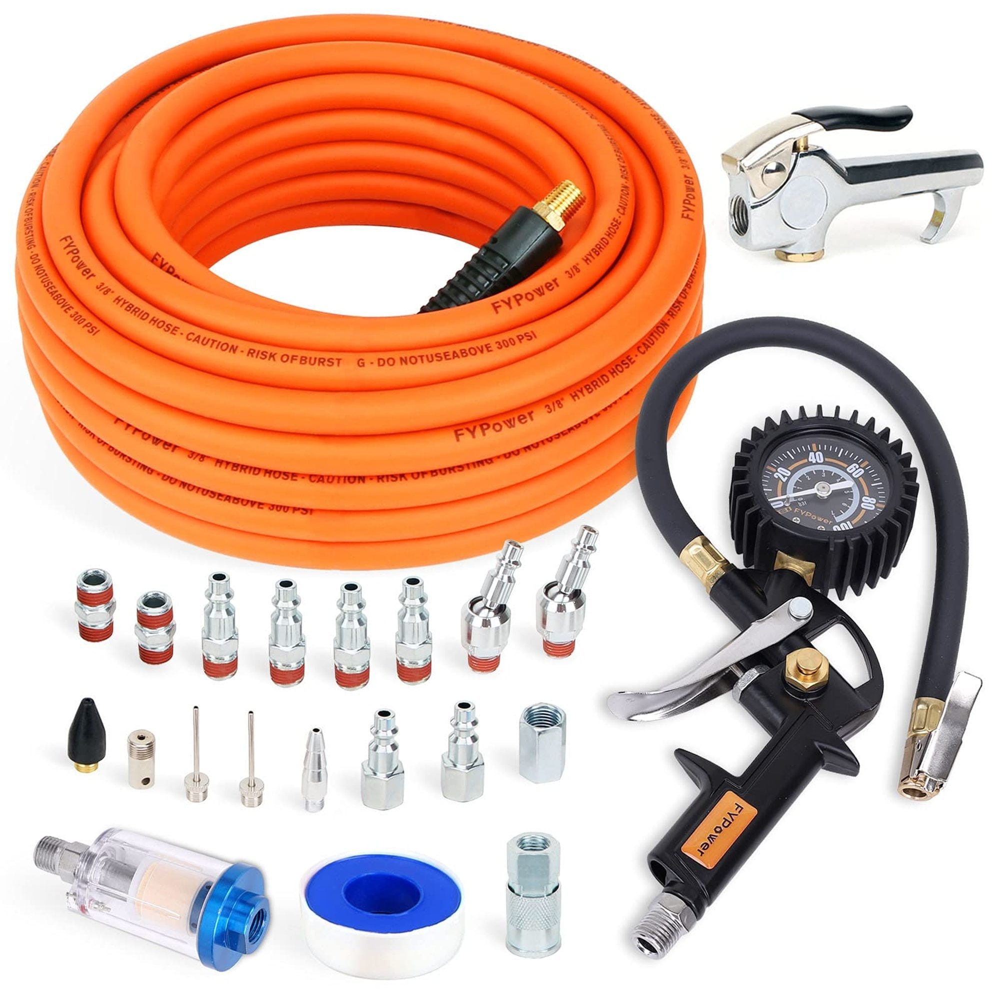 Wudkey 22-Piece 3/8 in x 50 ft Air Compressor Accessory Kit 1/4 in NPT Quick Connect Fittings Tire Inflator Gauge Blow Gun Air Filter Swivel Plugs