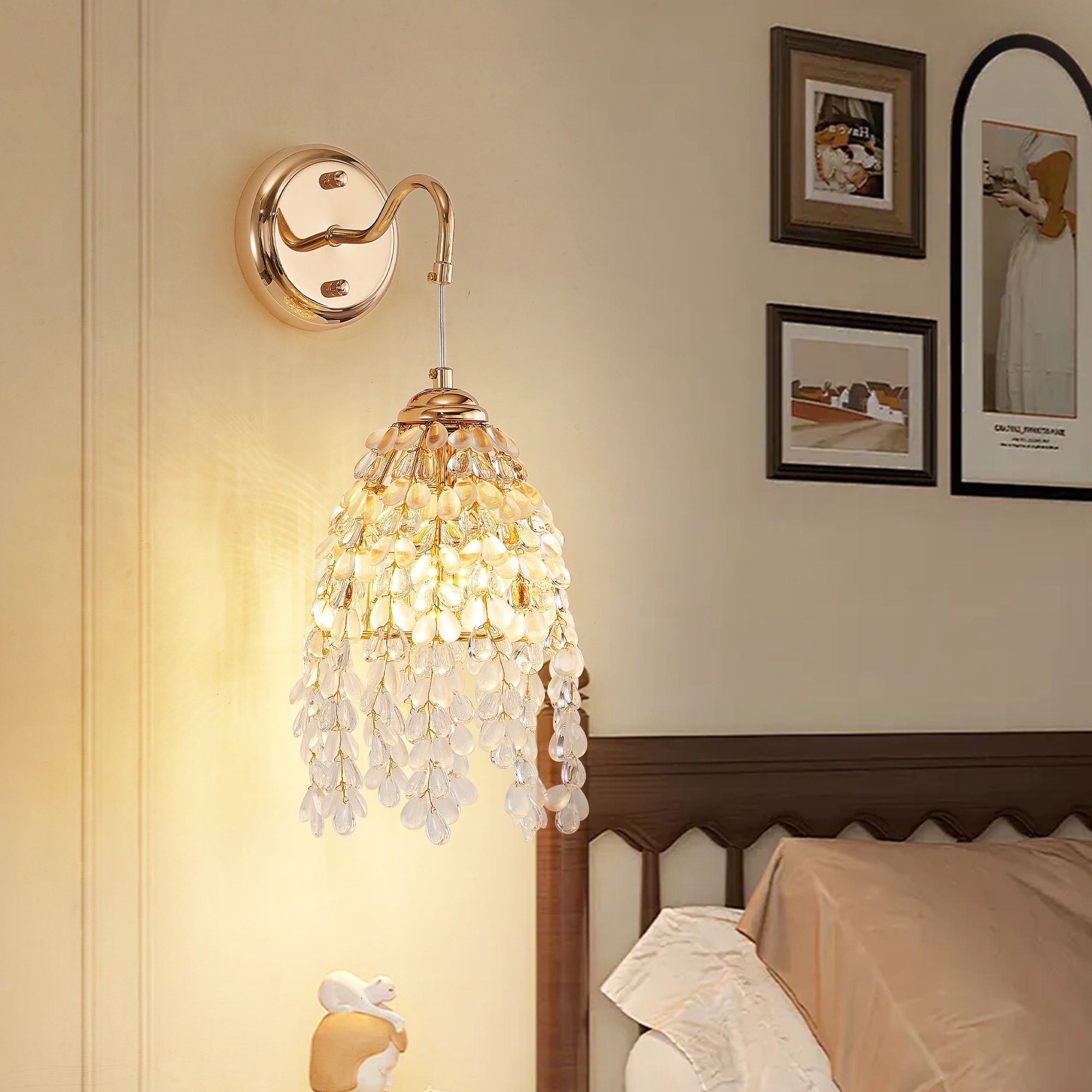 Cuschoice - 2-Pack 6-in Gold Hardwired Wall Sconce Crystal Grape-Shaped Bead String Hanging Light...