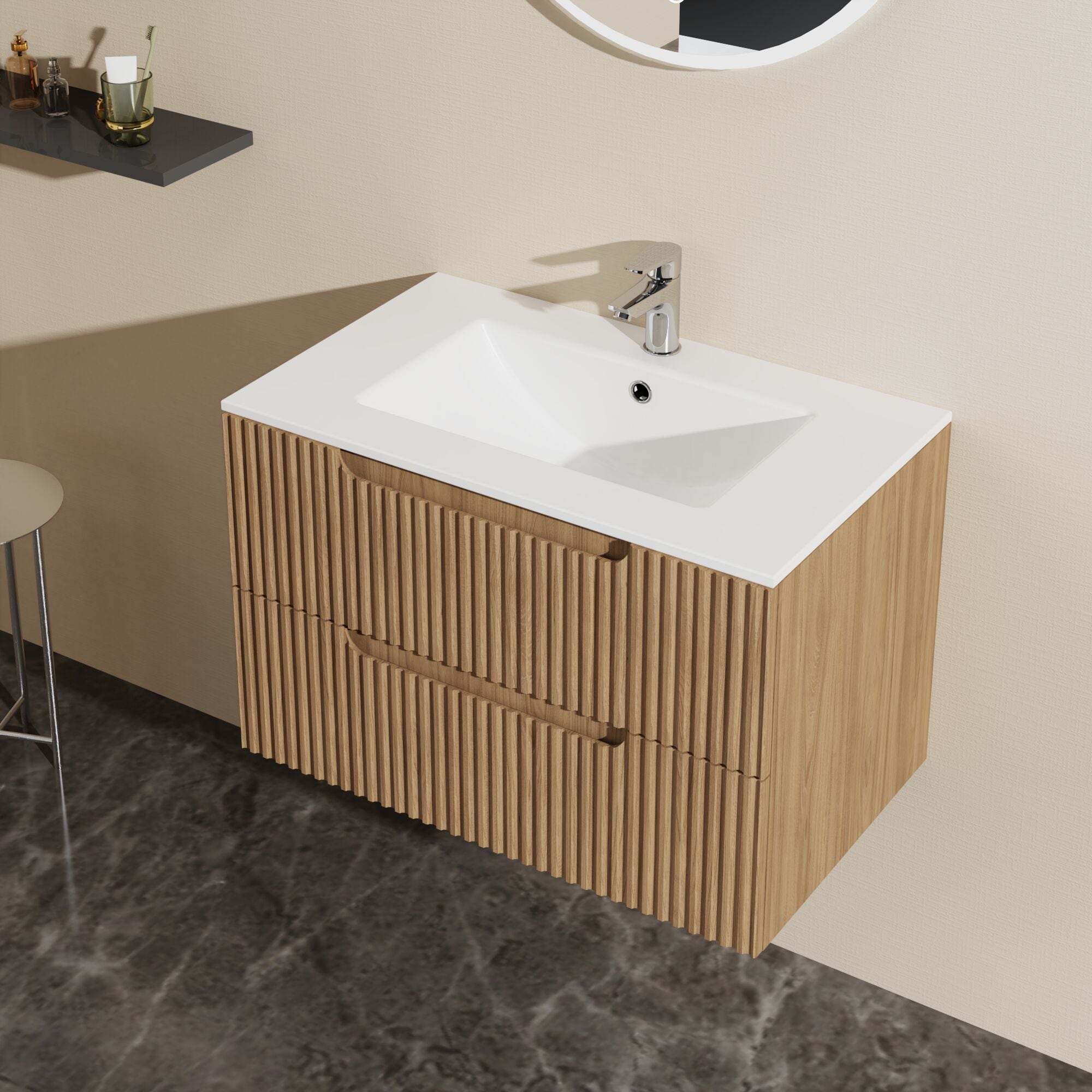 GLANZEND - 30 in W Dark Brown+White Glossy White Single Sink Bathroom Vanity with Ceramic Top Fa...