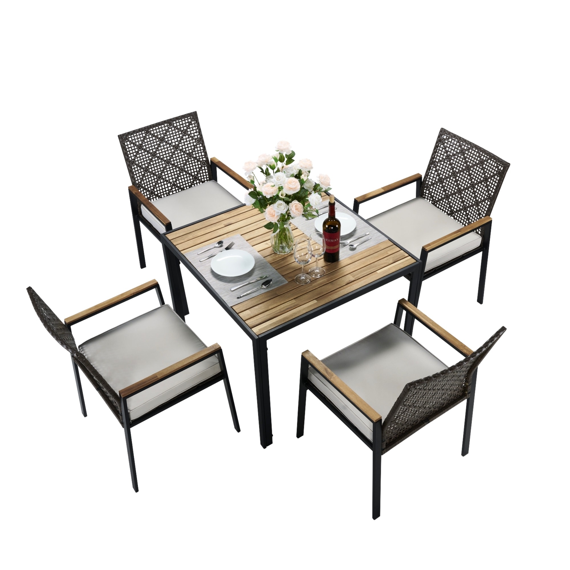 Mondawe MD009WH 5 -Piece Black Rattan Patio Dining Set Steel Square Table with 4 Blue Cushions Stackable Stationary Chairs