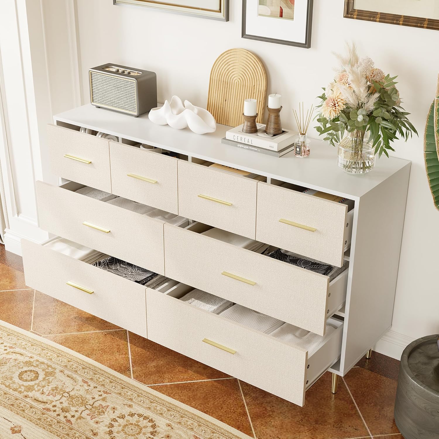 Qeetex WWJ-PHK-338ELJT9 Wood Dresser for Bedroom with Strong Metal Legs White Storage Organizer for Living Room Hallway