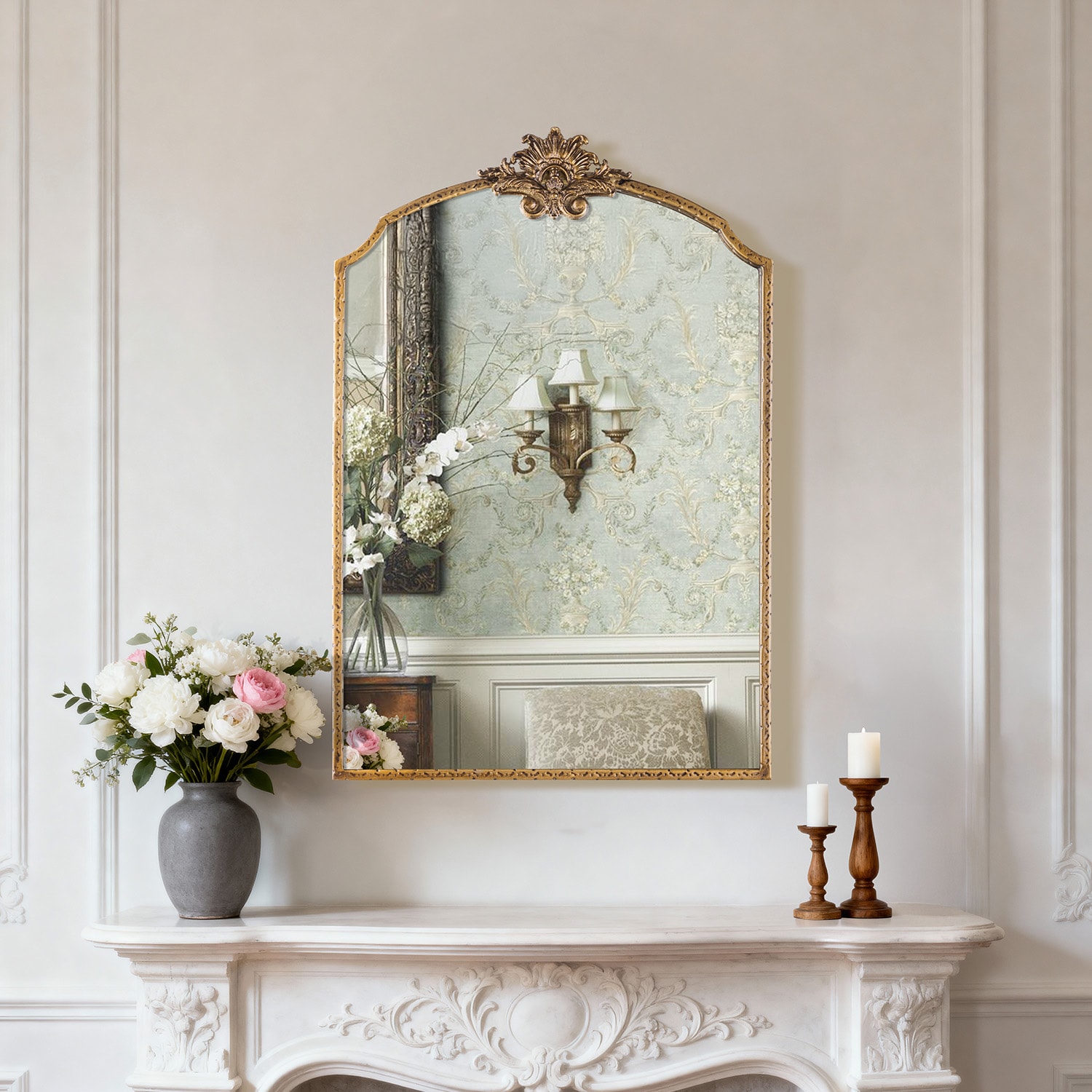 Elevatehome 20 in. W x 30 in. H Arched Framed Antique Gold Finish Iron Framed with Carved Accent Wall Mirror