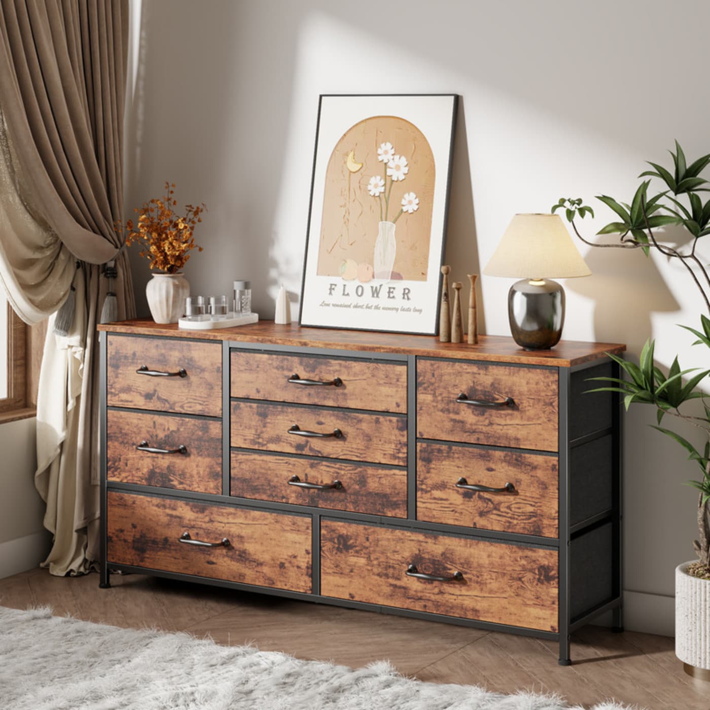Furologee 9 Drawer Fabric Dresser with Wood Top  Storage Chest