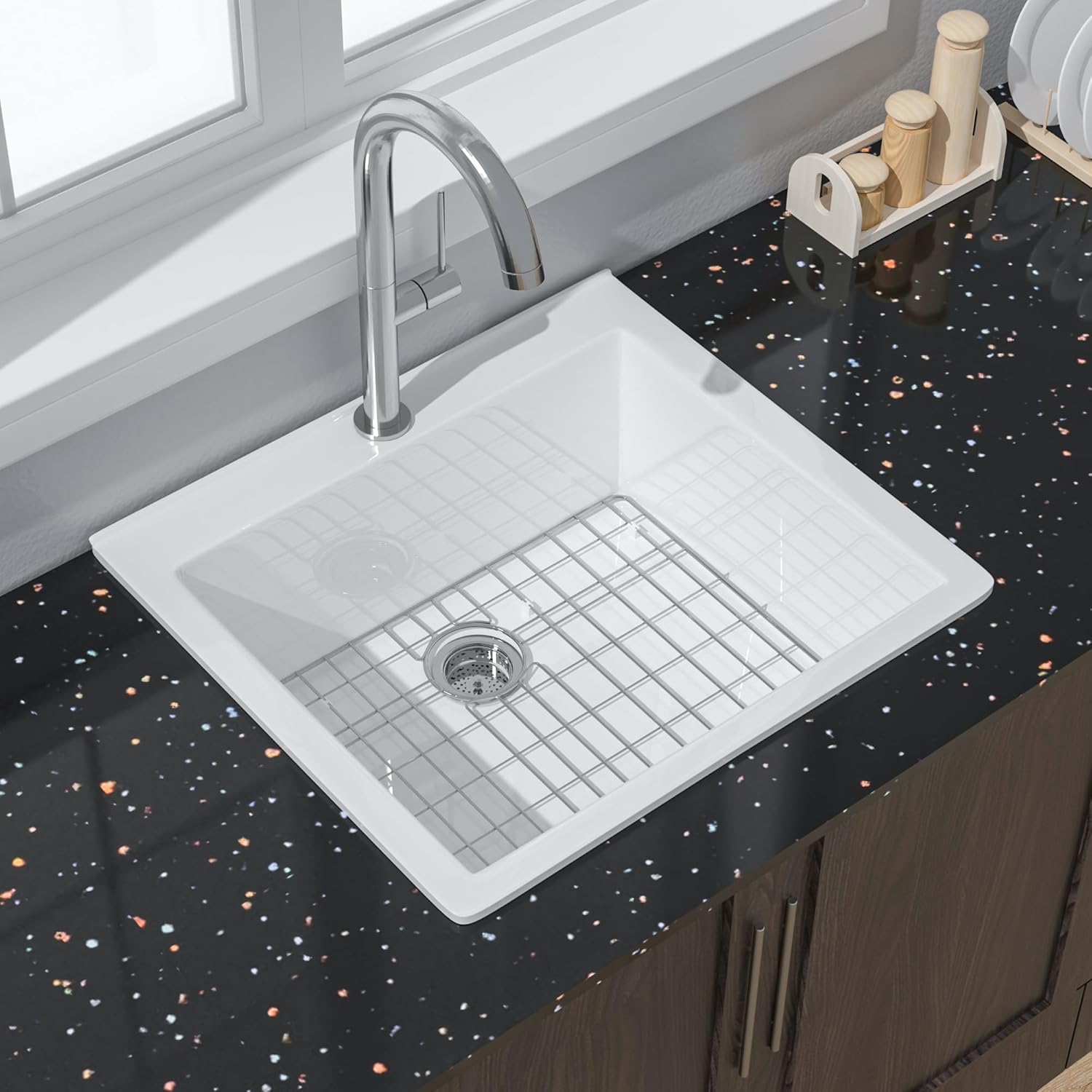 Miuara  White Kitchen Sink Drop In 24 Inch 1 Hole Small Topmount Fireclay Bar Sink 24x22x10 Single Bowl With 2 Custom Accessories Glossy White for Kitchen Laundry Outdoor Small Space