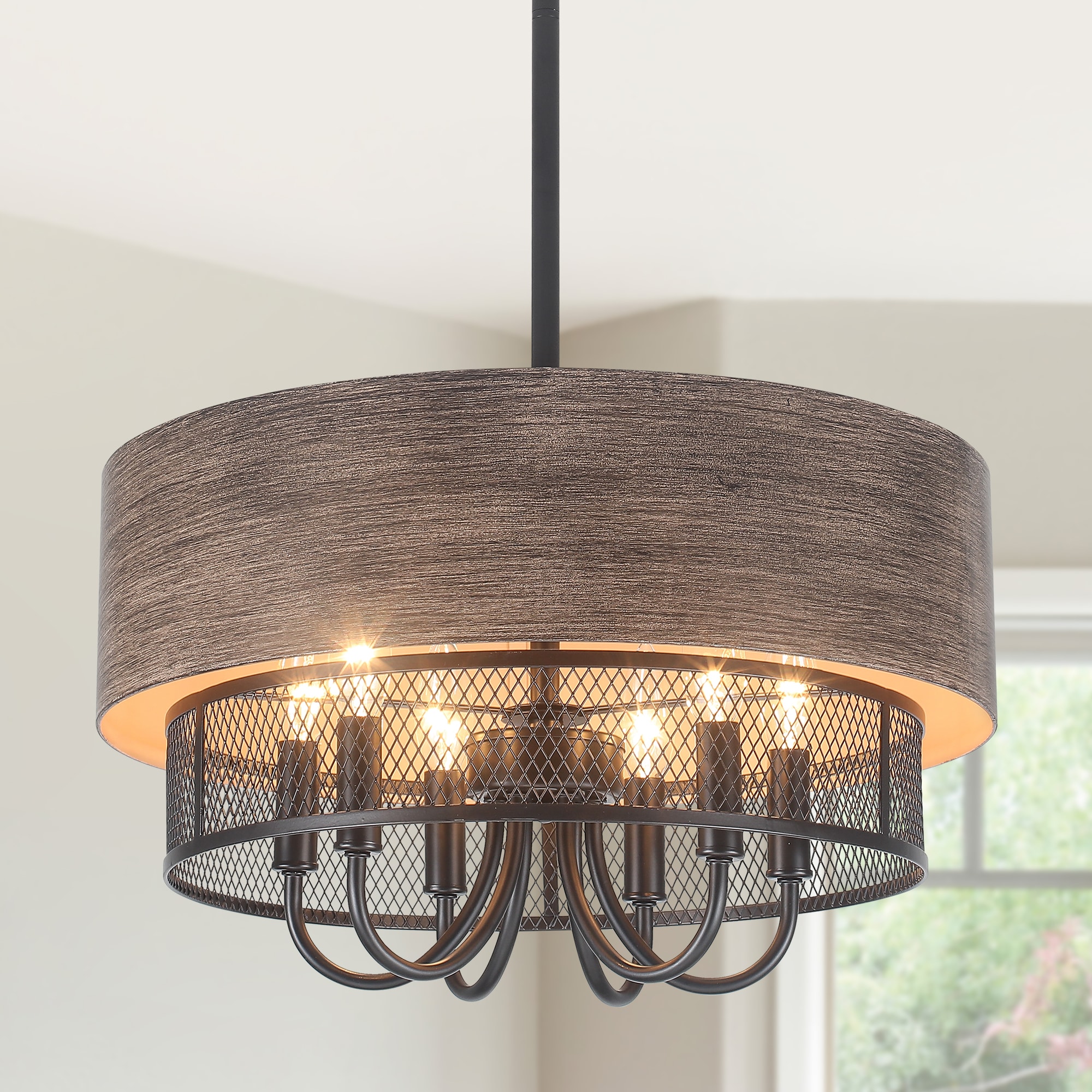 Zjvaive 18.11-in 6-Light Matte Black And Brown Metal Mesh Drum Fabric Chandelier