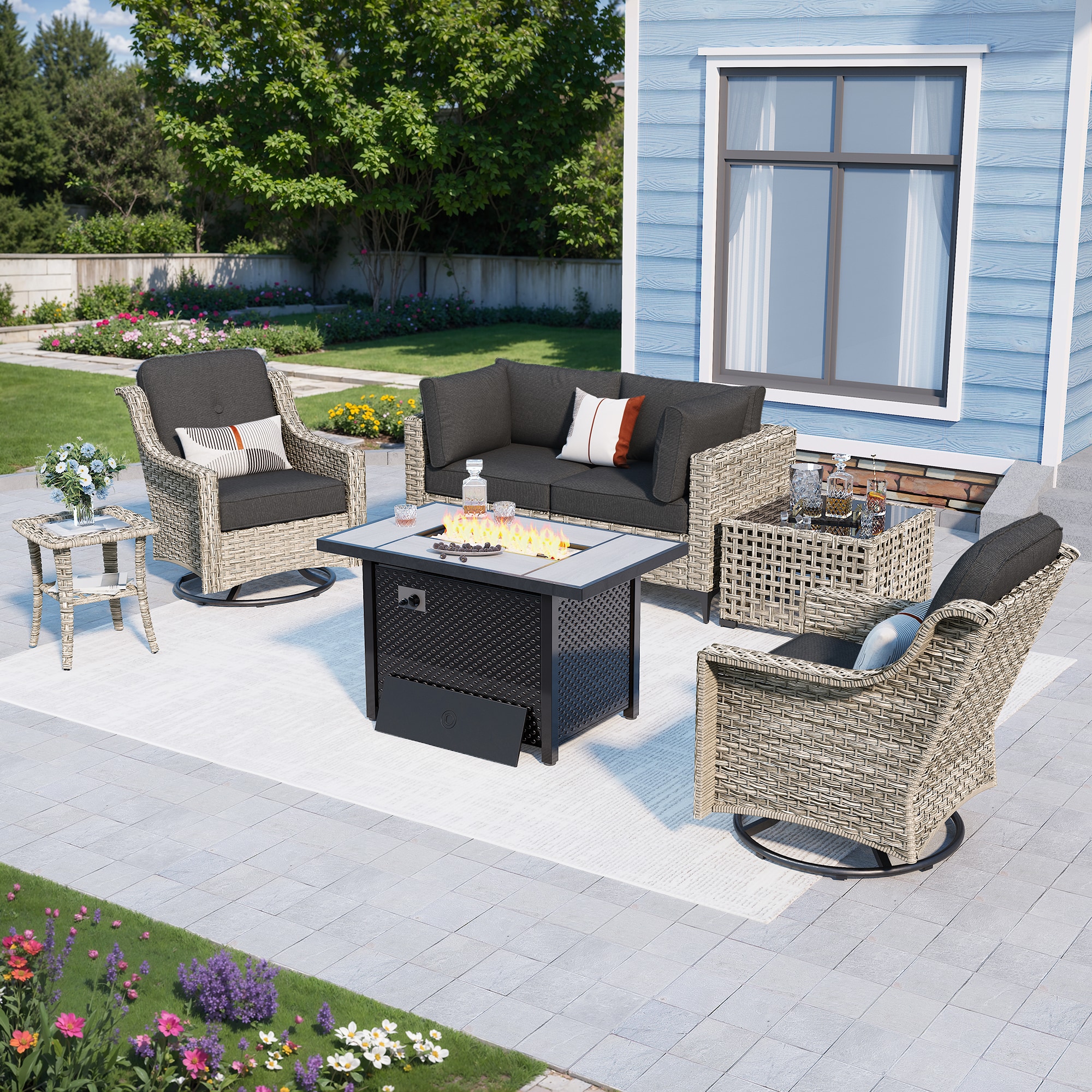 Caodoc L5-CFP03-YZSKT107-1 YZSKT Wicker Outdoor Sectional with Black Cushions and Rattan Frame