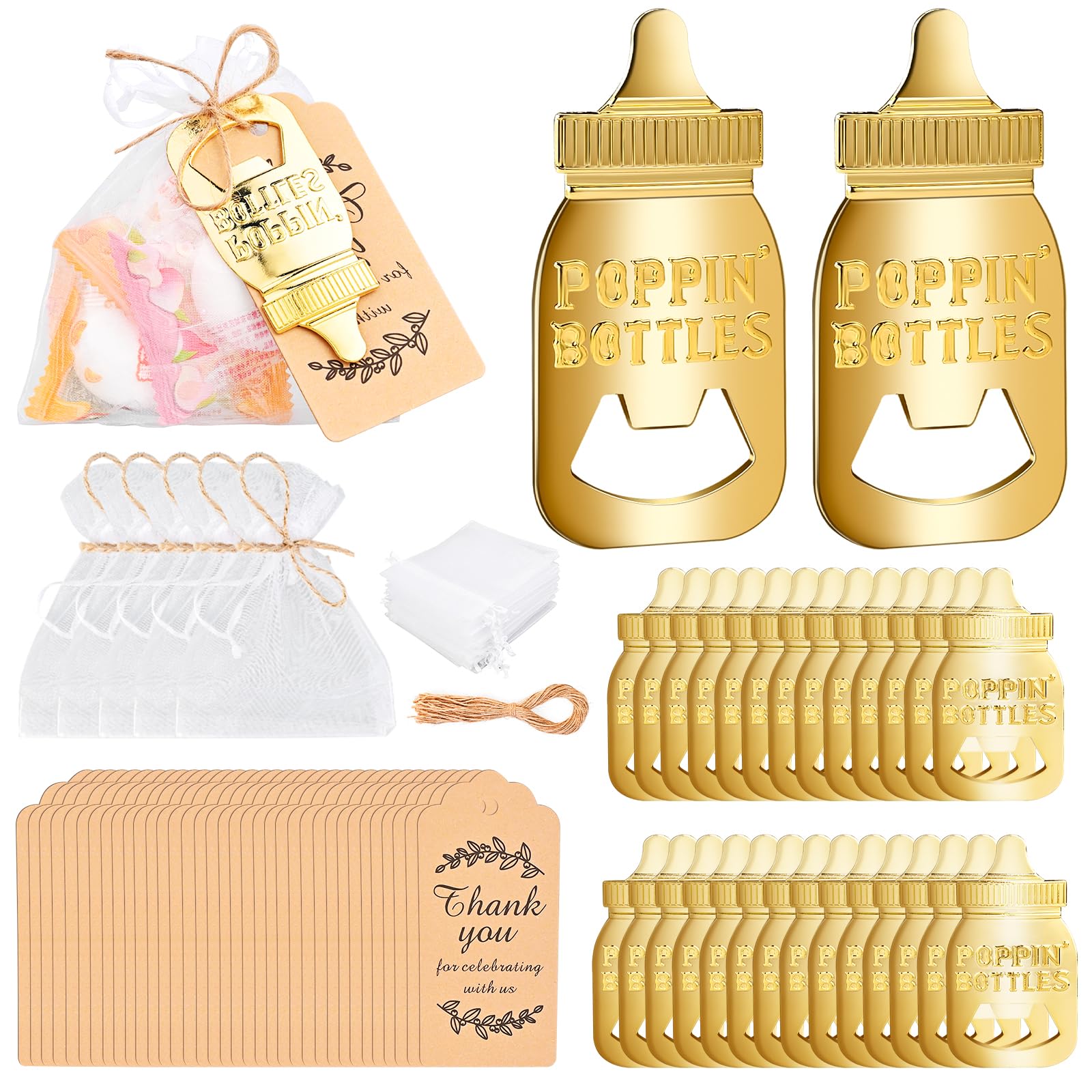 Aoibox  180 piece baby shower milk bottle metal bottle opener favor set with organza bags thank you tags and twine