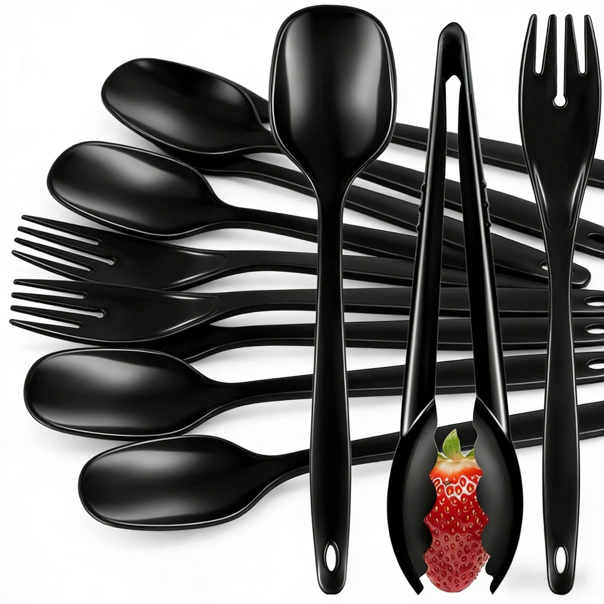 Aoibox  20 Piece Disposable Serving Utensil Set with 8 Black Plastic Spoons 8 Forks and 4 Tongs for Catering