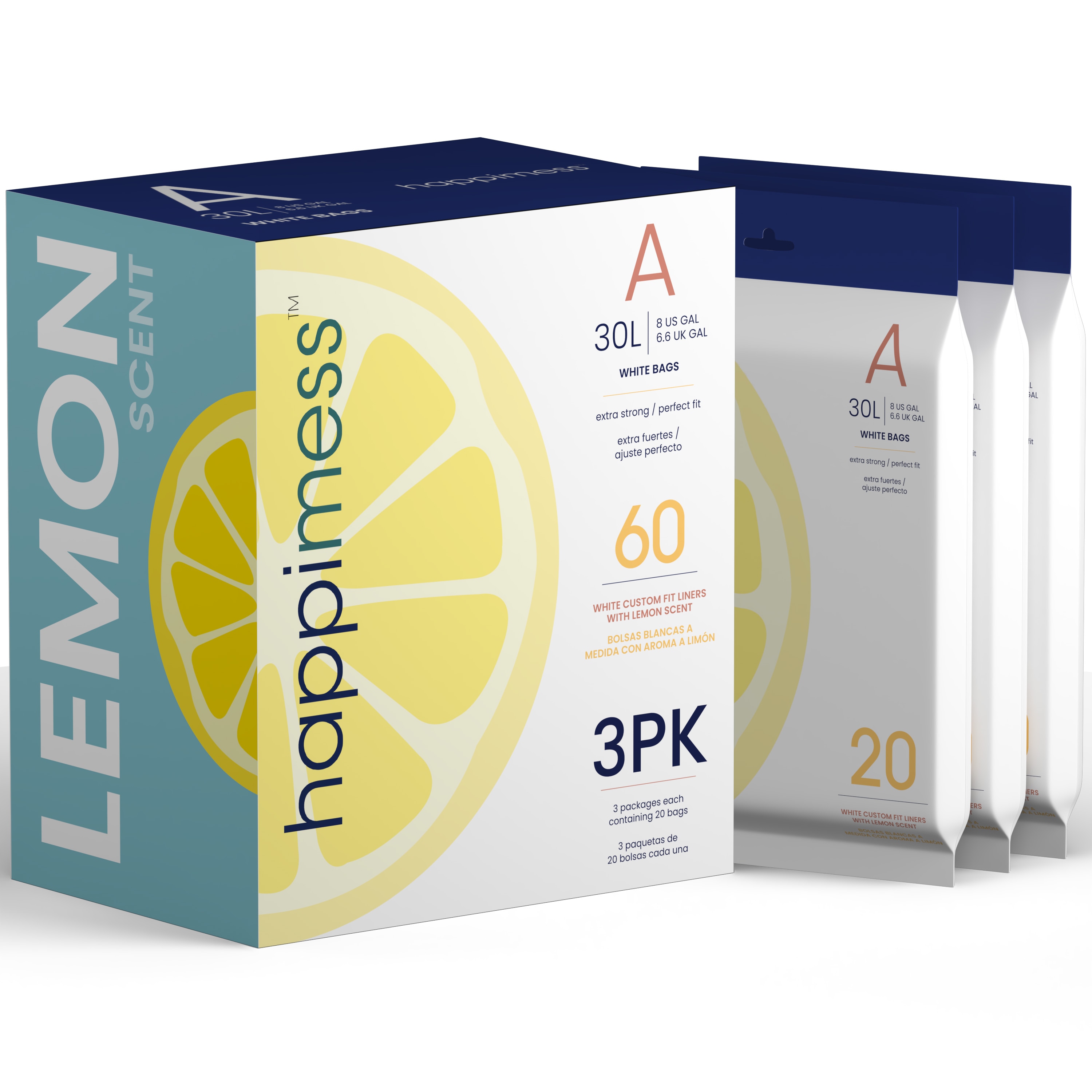 happimess HPM3100A-WHITE Lemon Scented 3-Packs of 20 Liners 8-Gallons Lemon White Indoor/Outdoor Plastic Kitchen Drawstring Trash Bag 60 -Count