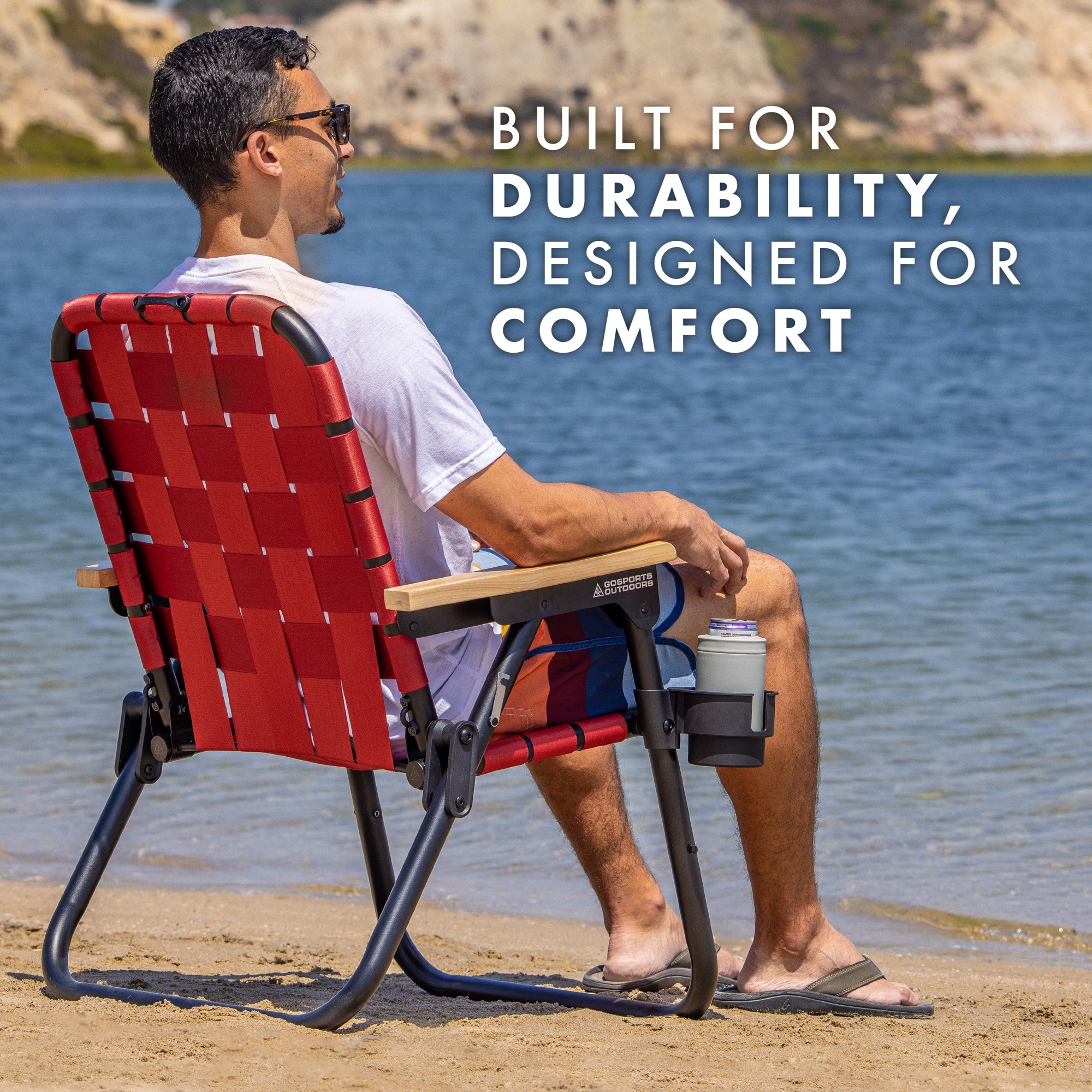 Burnt Red Woven Folding Beach and Camping Chair with Cup Holder
