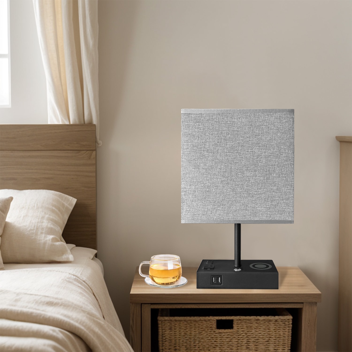 17 in. Black Wireless Charging Table Lamp with USB Port