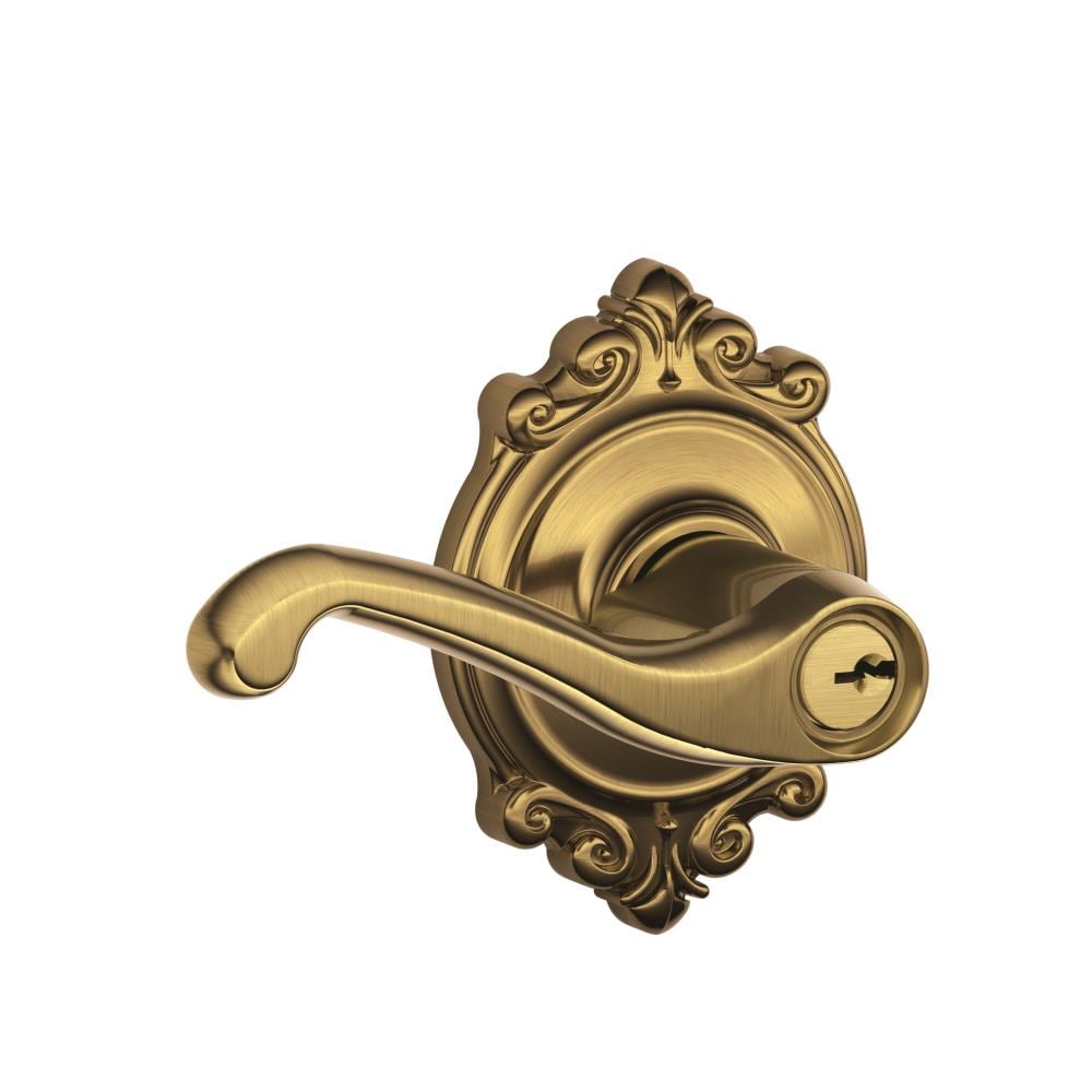 Schlage F51AFLA609BRK F Series Antique Brass Interior/Exterior Keyed Entry Door Handle