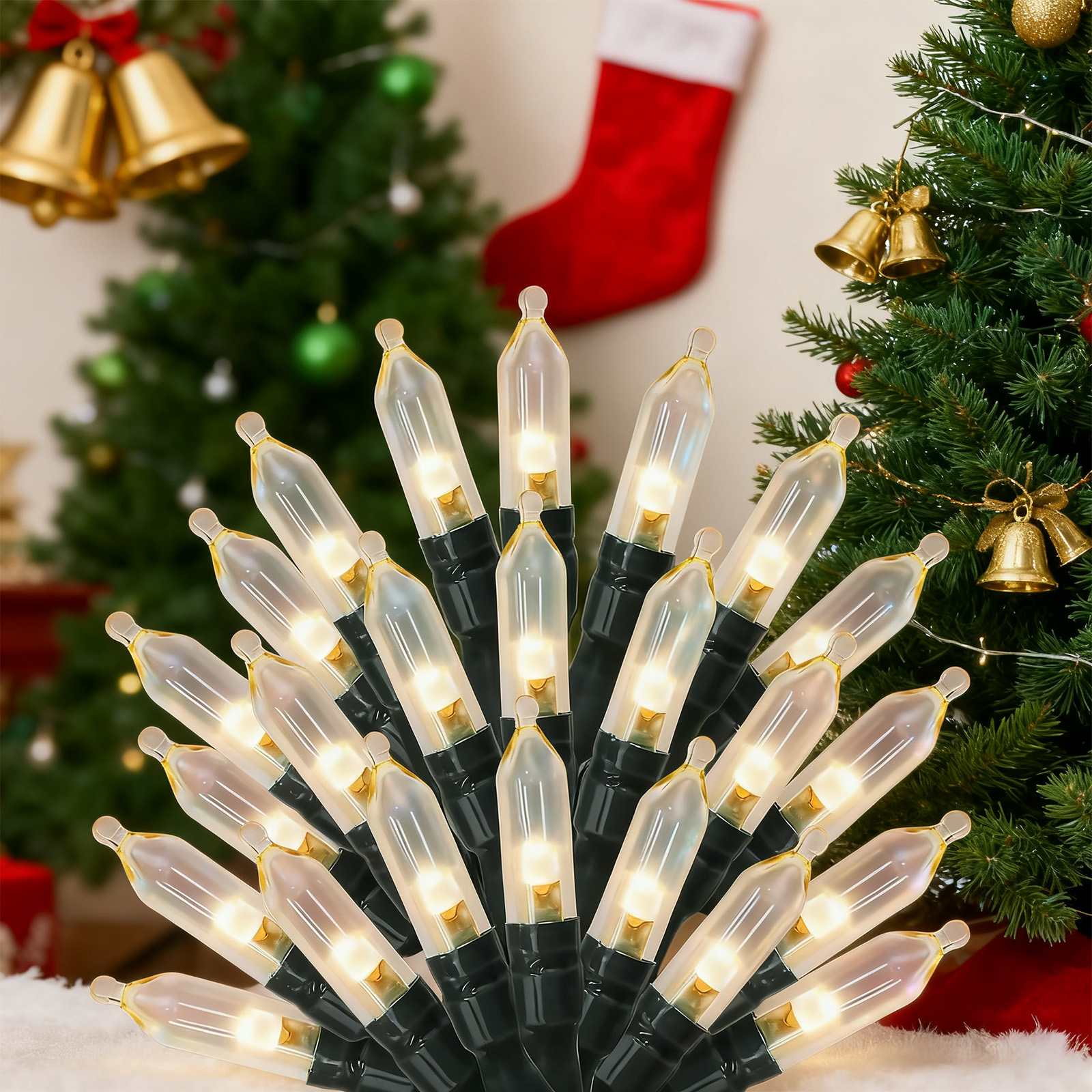 BIGHOUSE 2 Pack 100 Count LED Christmas Tree Lights 33ft Classic Mini Tips Plug In Warm White