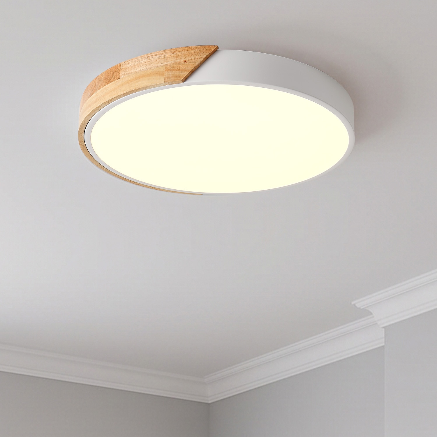 Zitrend 16-in White LED Flush Mount Ceiling Light Modern Dimmable with White Acrylic Diffuser and Split Wood Accent for Hallway and Bedroom