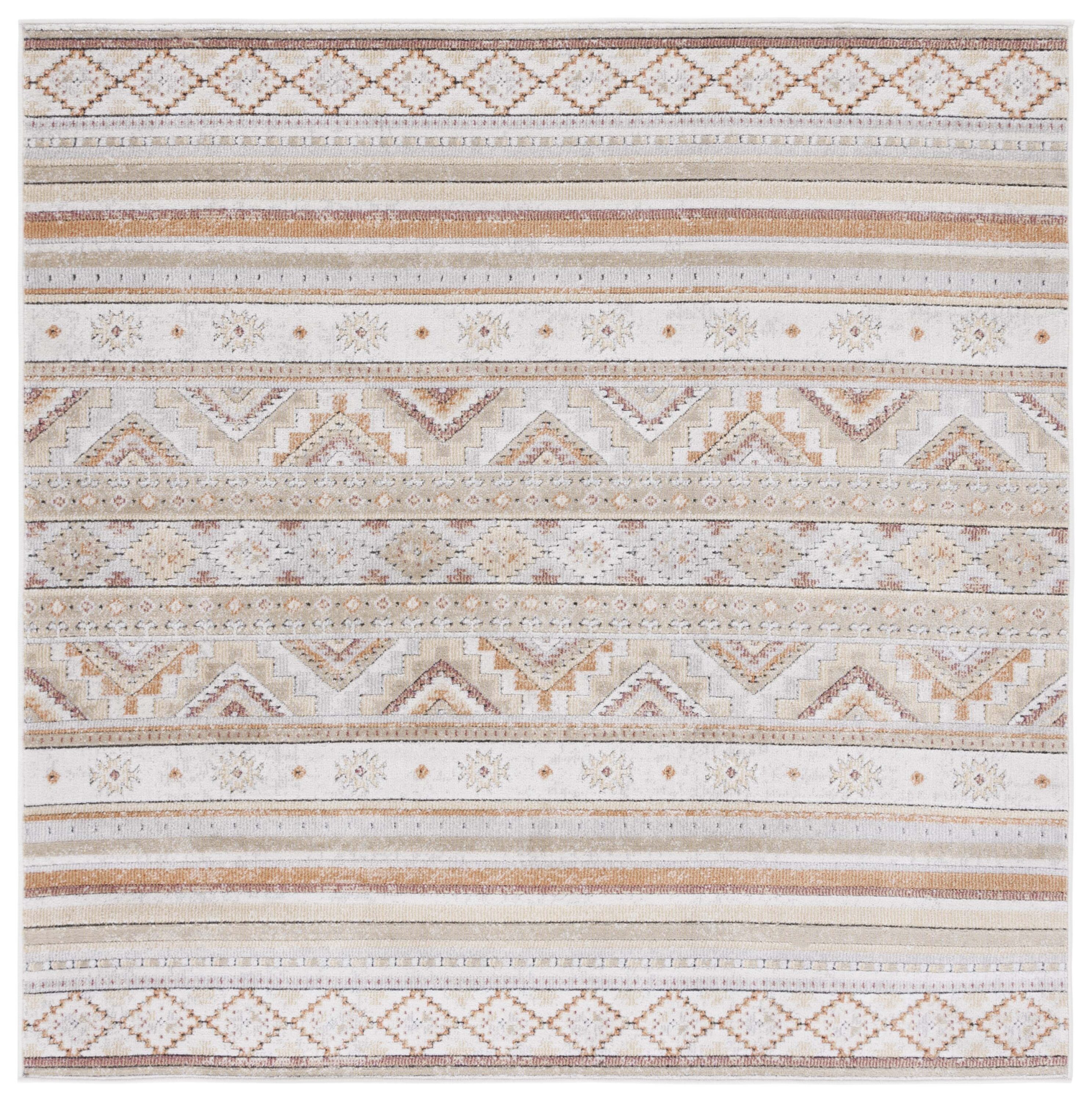 Ivory Beige Geometric Synthetic Square Area Rug