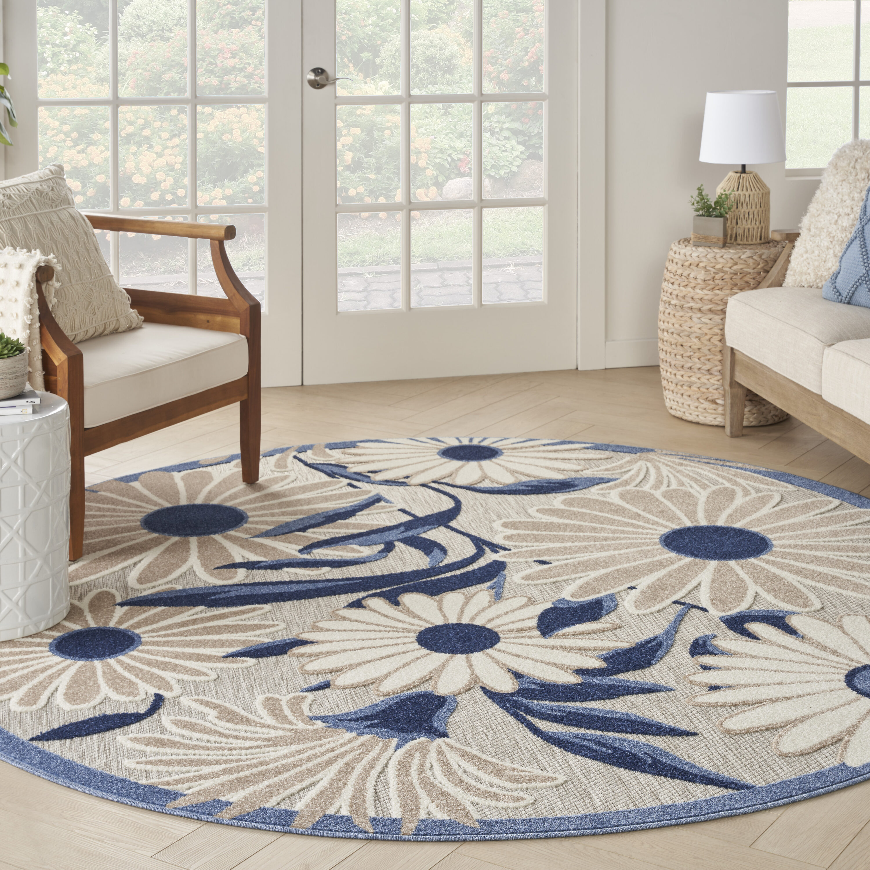 Nourison Home 099446933614 Aloha 5 x 5 (ft) Loomed Polypropylene Blue Grey Round Indoor/Outdoor Floral/Botanical Area rug