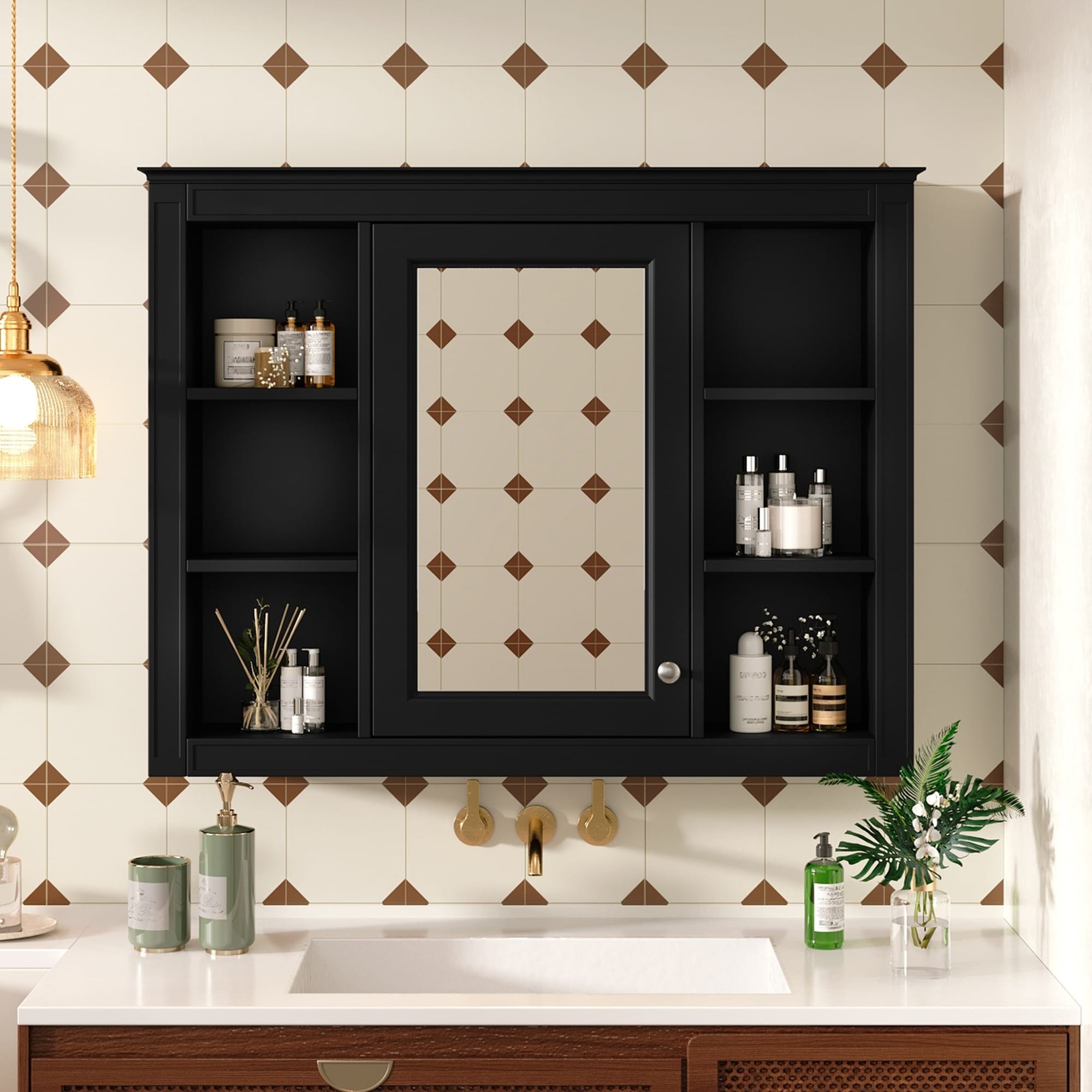 IAK 35 inch x 28 inch Black MDF Wall Mounted Medicine Cabinet with Mirror and 6 Open Shelves