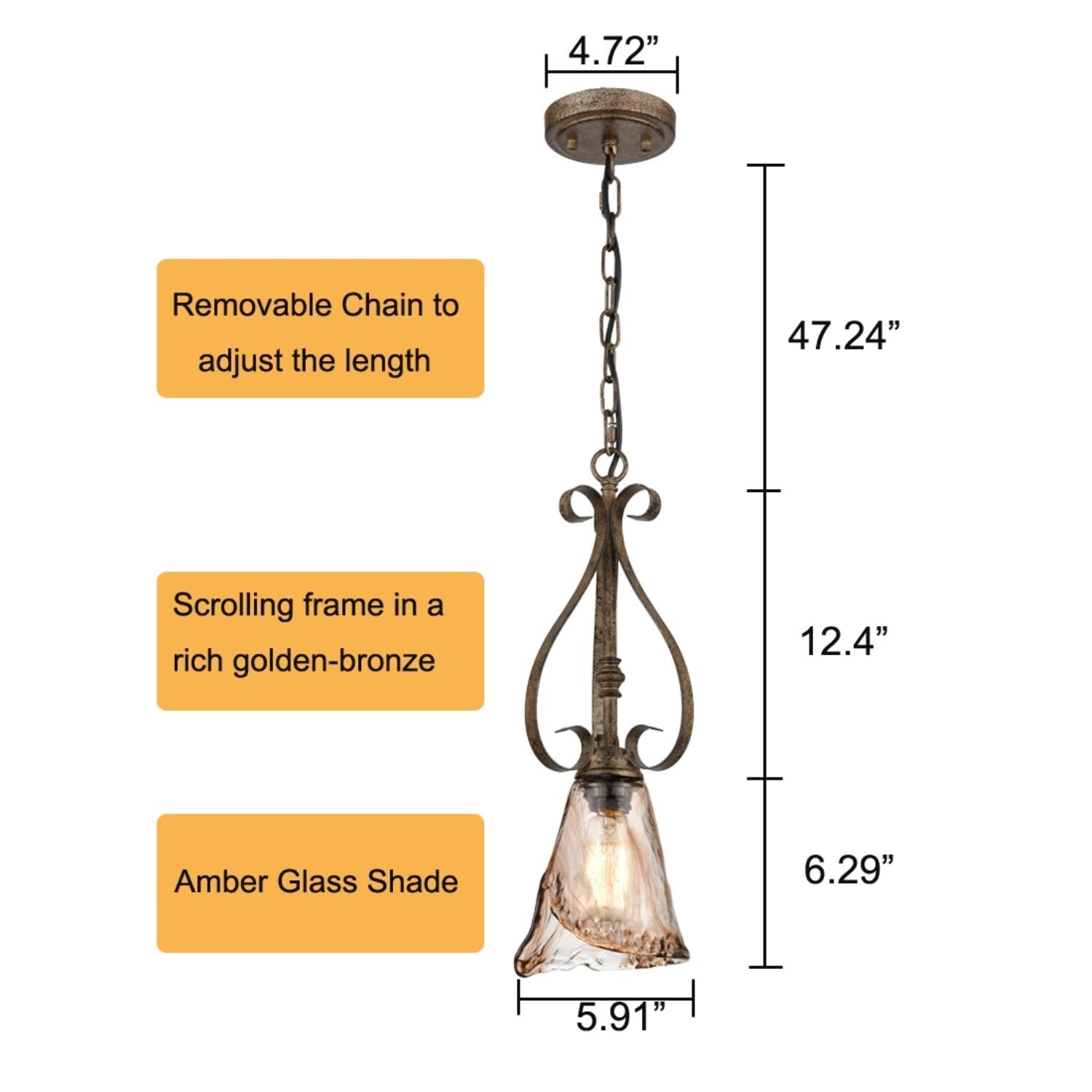 Vintage Amber Glass Mini Pendant Light with Bronze Finish