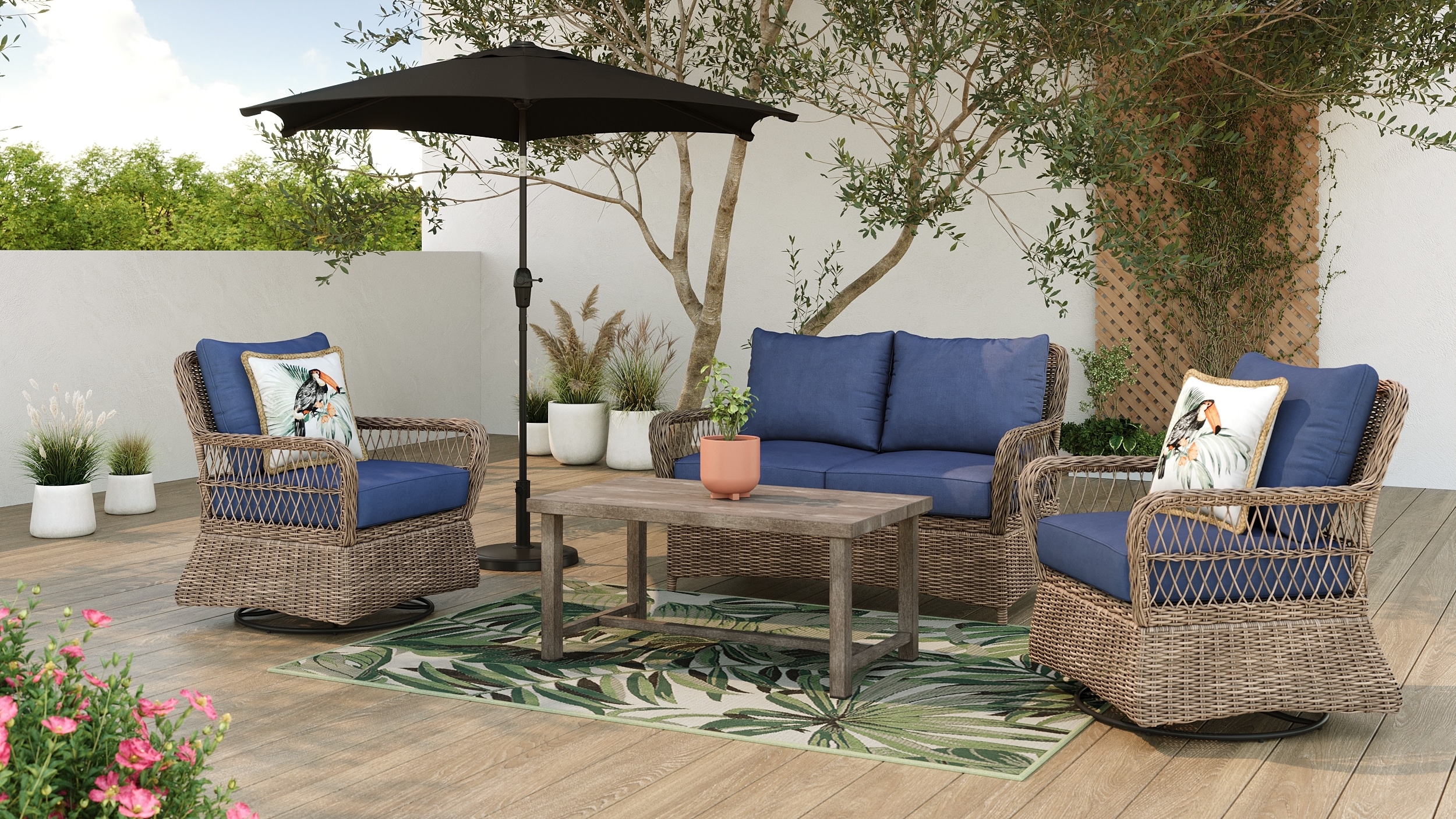 allen + roth  Pointer Ridge 4-Piece Patio Conversation Set with Navy Cushions