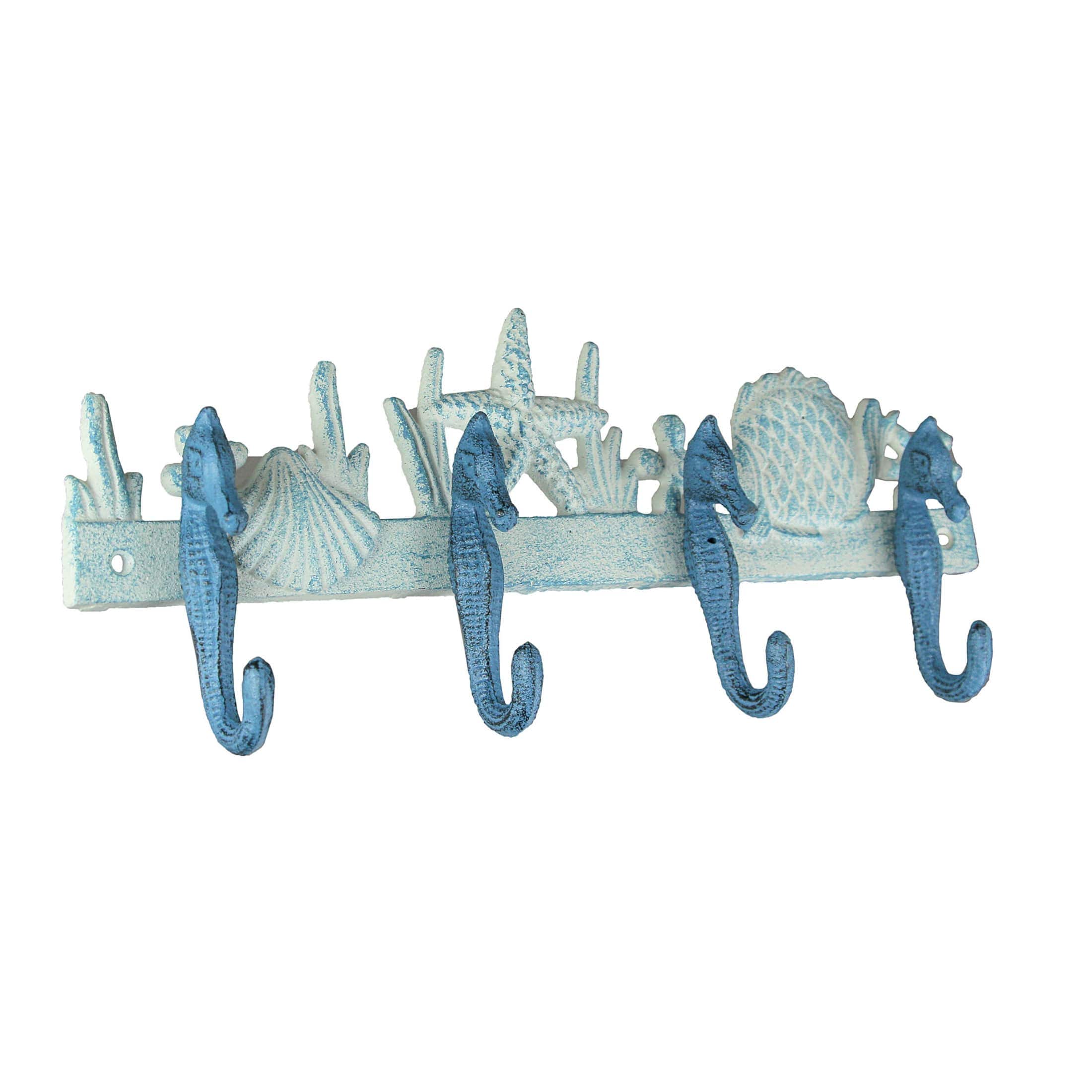 Zeckos ZKO-99040 Blue And White Cast Iron Seahorses Decorative Wall Hook Nautical Sea Life Hanging Towel or Coat Rack Beach Home Coastal Accent Decor 15.25 Inches Long