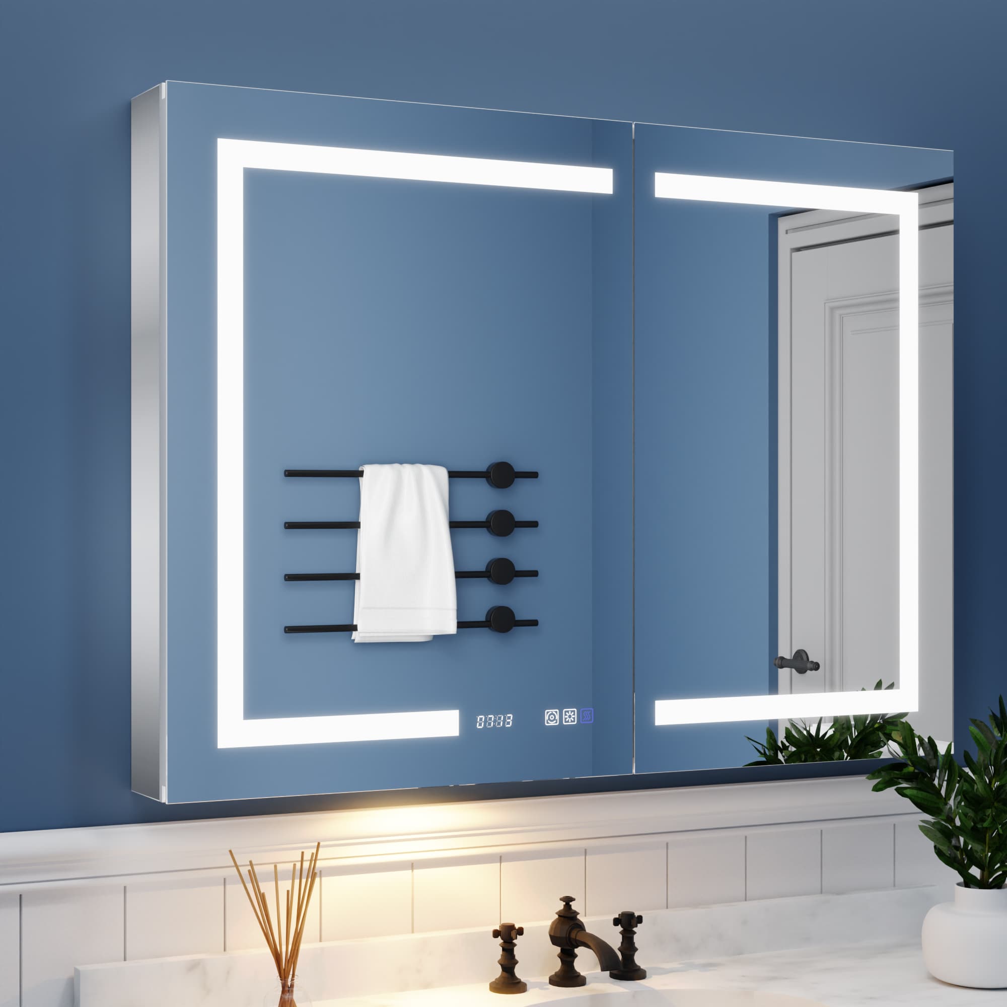 ExBrite EXMC3036V12DX Celestia 44-in x 32-in Lighted LED Fog Free Surface/Recessed Mount Silver Mirrored Rectangle Soft Close Medicine Cabinet with Outlet