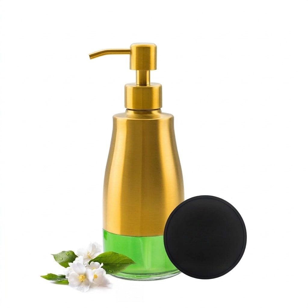 Phyfalip  Brushed Gold Stainless Steel Glass Soap Dispenser Bottle with Non Slip Coaster and Waterproof Stickers Refillable for Kitchen Bathroom