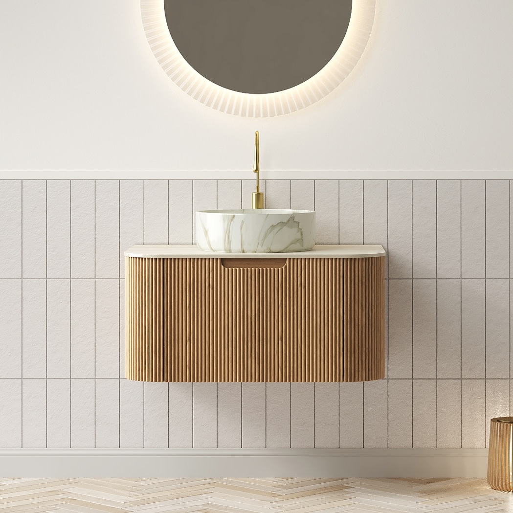 Vynxaria 30 in Floating Bathroom Vanity with White Round Ceramic Vessel Sink Travertine Pattern Sintered Stone Top Soft Close Drawer Pre Assembled Natural Wood Finish
