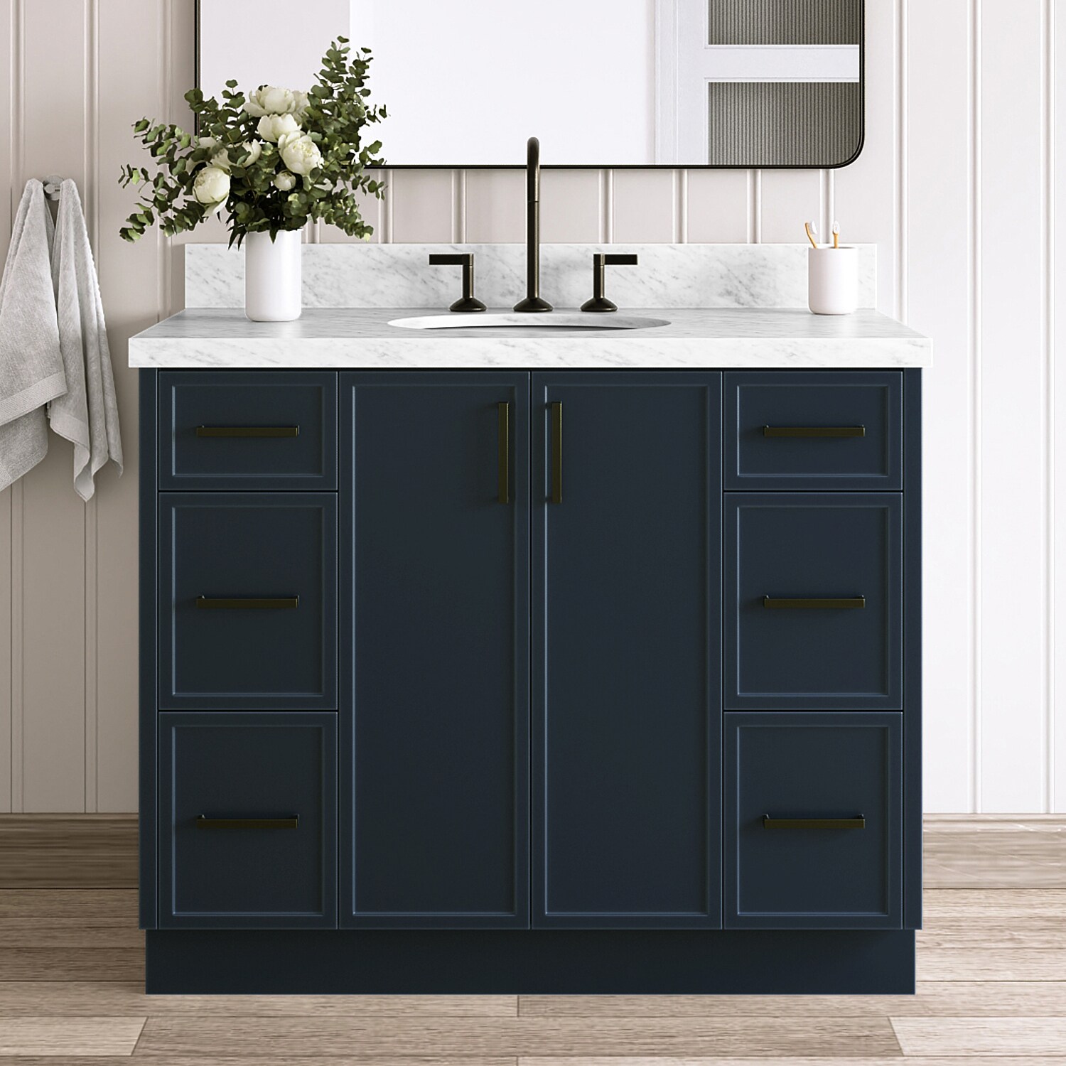 ARIEL Kelly 42-in Midnight Blue Undermount Single Sink Bathroom Vanity with Carrara White Marble Marble Top