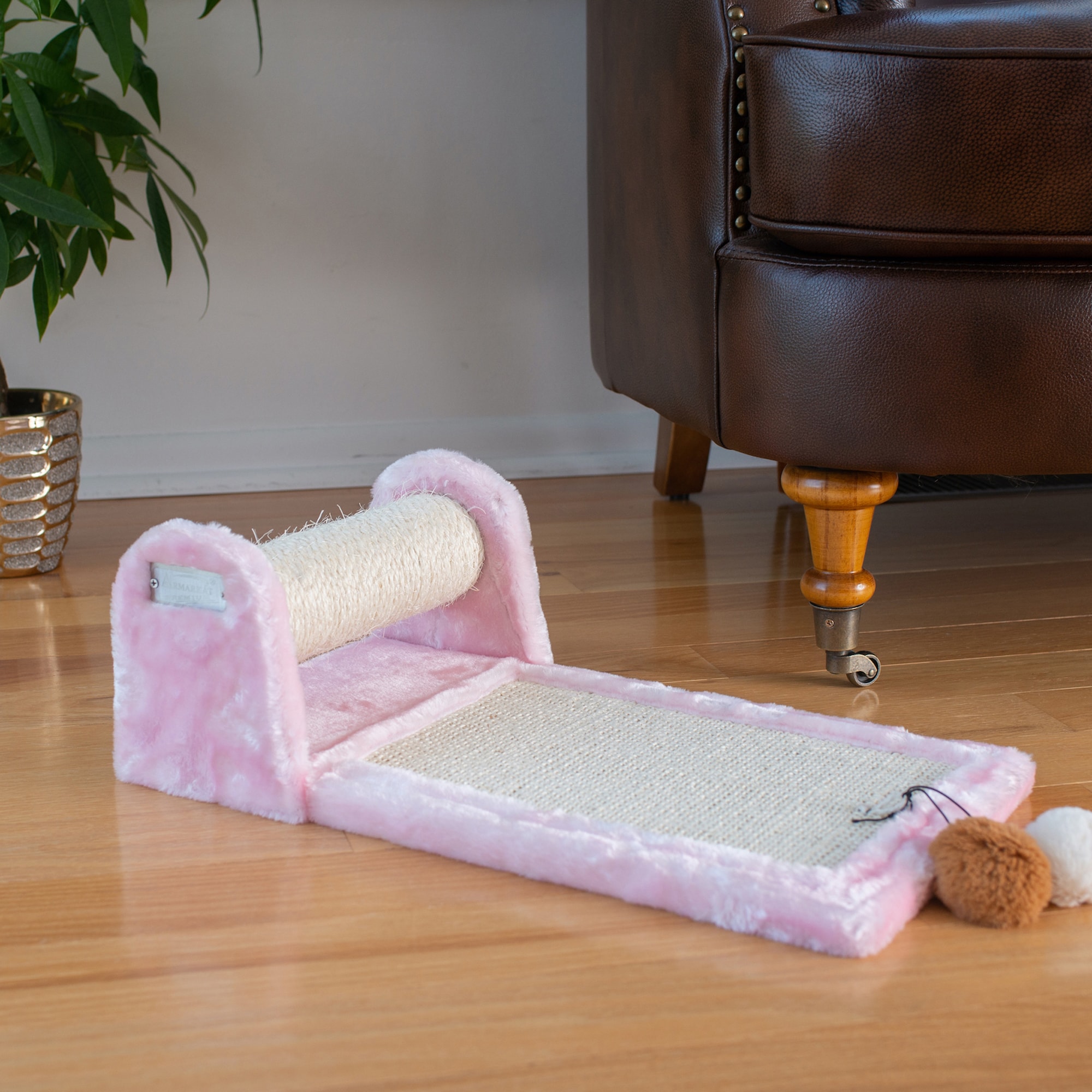 Pink Faux Fur and Sisal Rolling Cat Scratcher