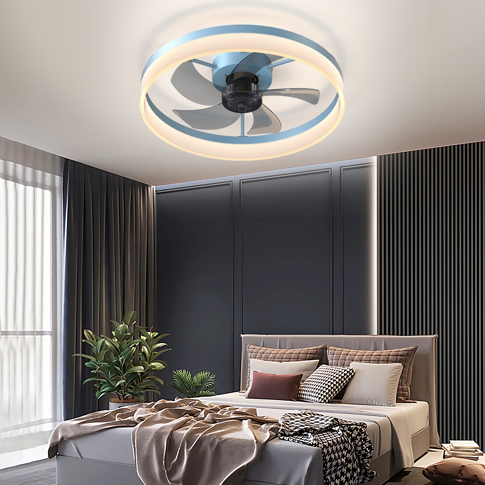 JUSHUA Ceiling Fans with Lights Dimmable LED Embedded installation of thin modern ceiling fans (Blue)