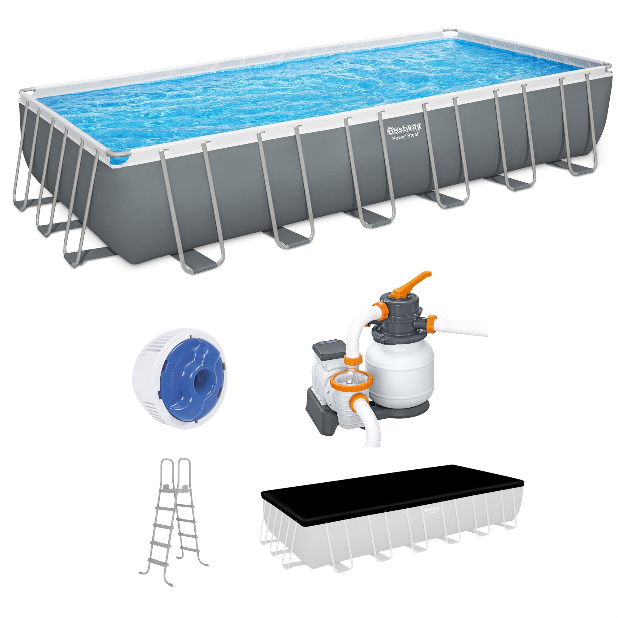 Bestway 65741 24-ft x 12-ft x 52-in Metal frame Rectangle Above-Ground Pool with Filter Pump with Pool Cover with Ladder