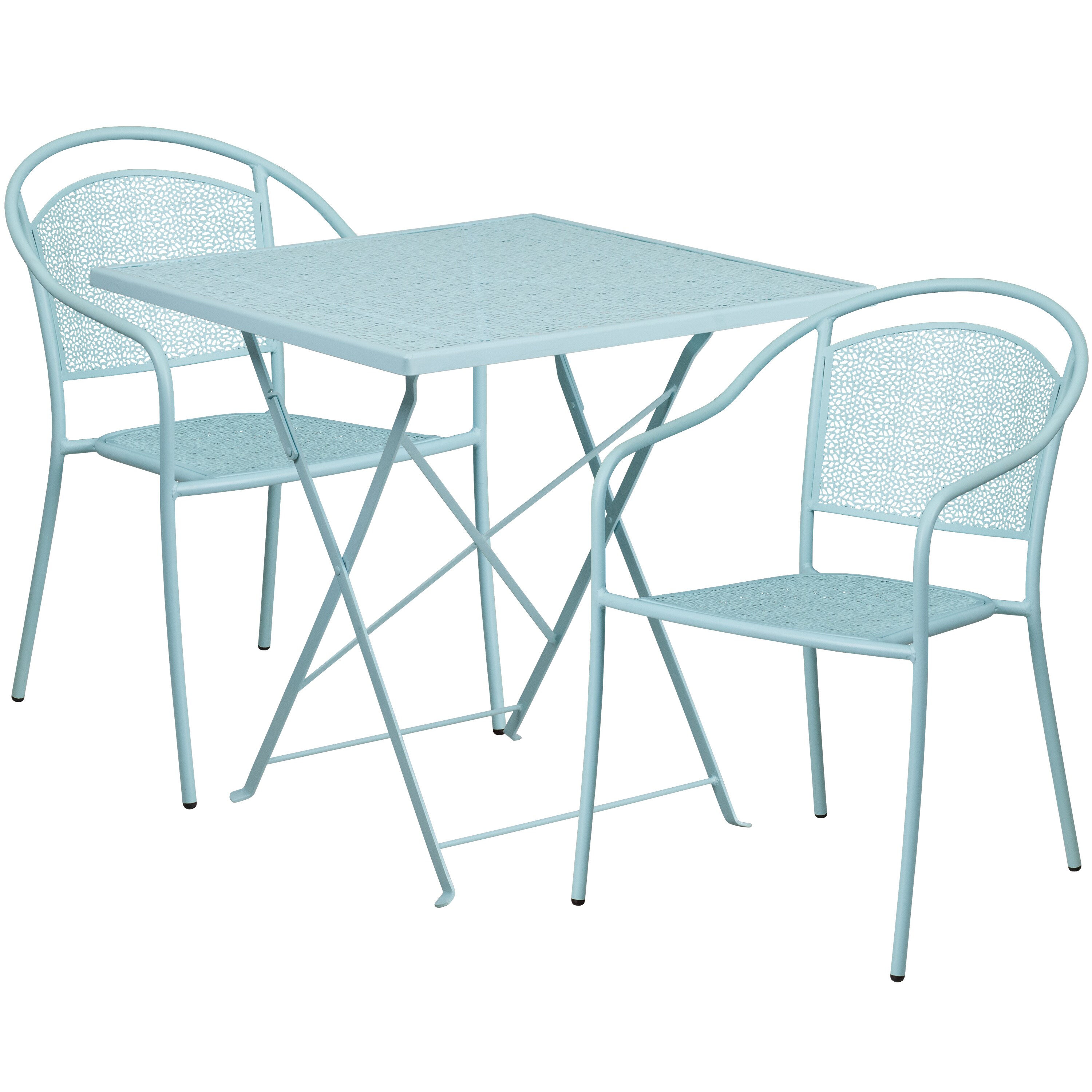 Flash Furniture 889142078364 Oia Commercial Grade 28-in Square Sky Blue Indoor-Outdoor Steel Folding Patio Table Set with 2 Round Back Chairs