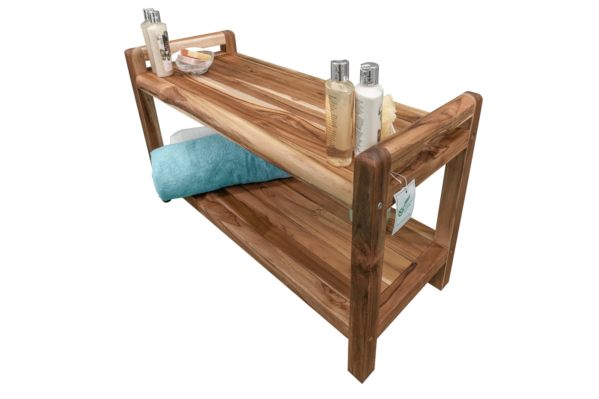 Teak Freestanding Shower Bench with Shelf and LiftAide Arms